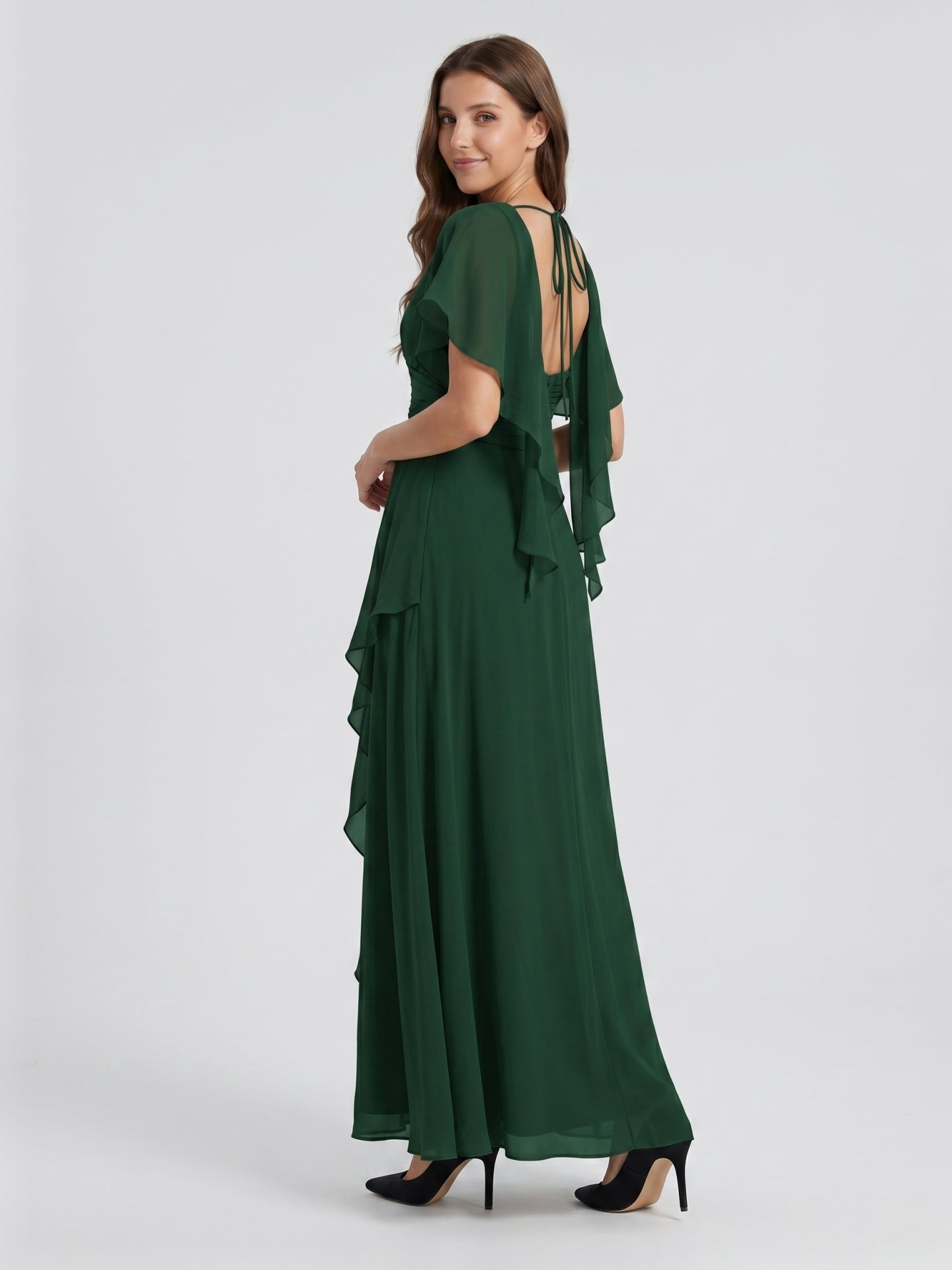 Forest Green Chiffon A-Line V-Neck Backless Floor-Length Ruffle Bridesmaid Dress