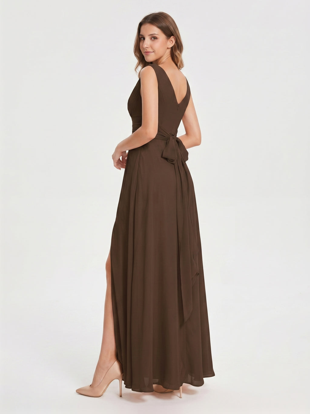 Mocha Chiffon A-Line V-Neck V-Back Ankle-Length Bridesmaid Dress with Bow
