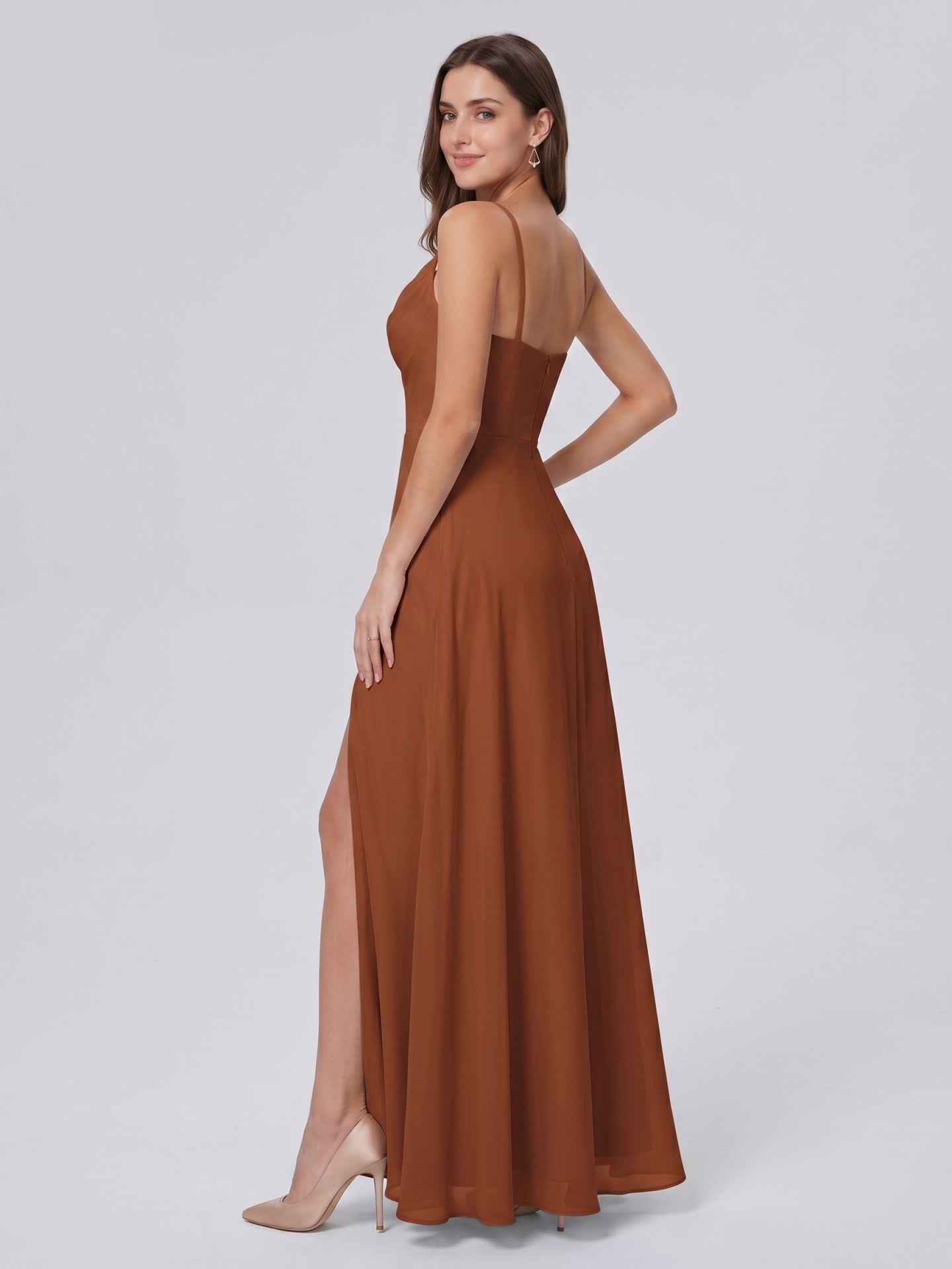 Terracotta Chiffon A-Line Scoop Neck Backless Ankle-Length Bridesmaid Dress