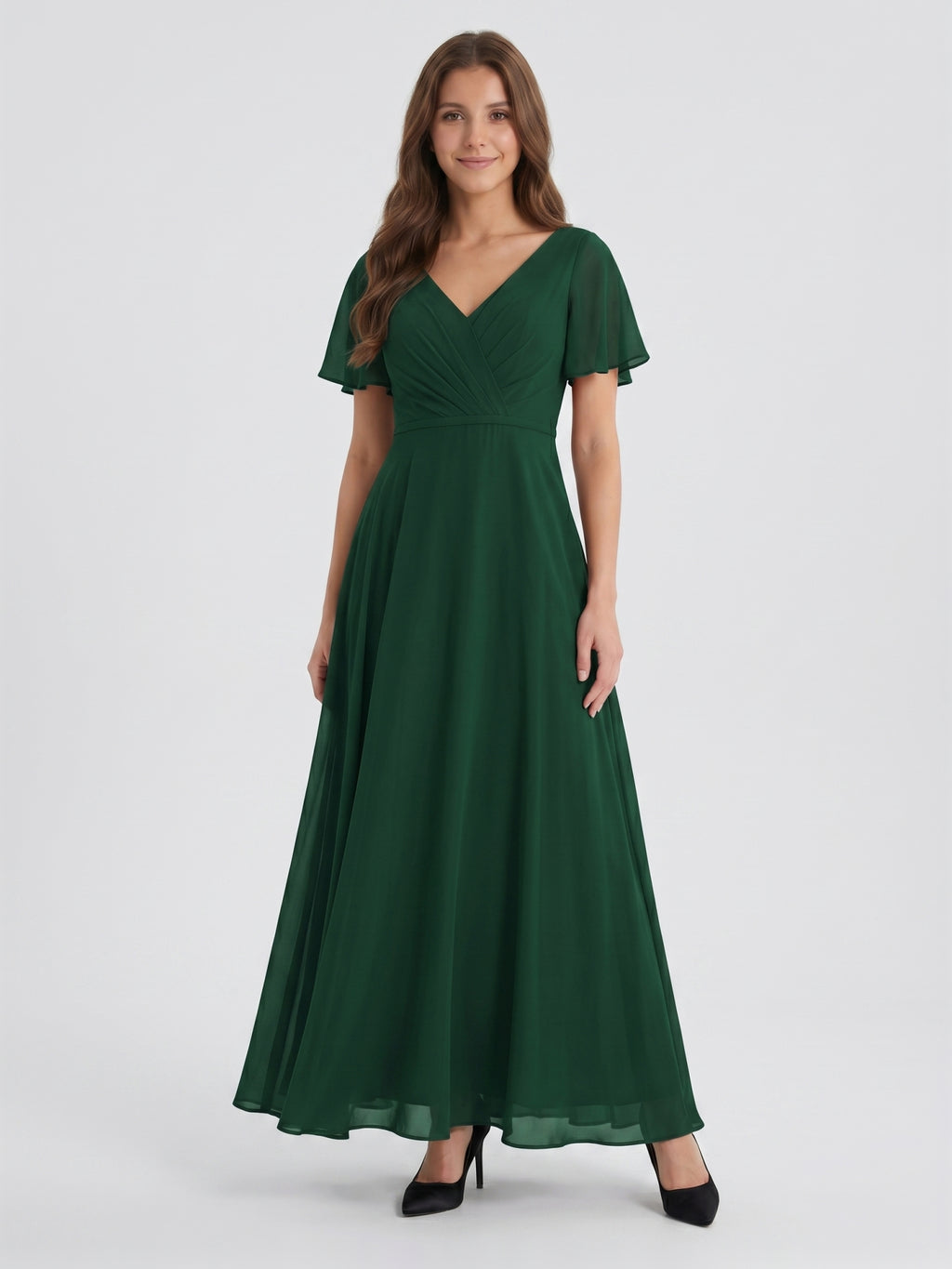 Forest Green Chiffon A-Line V-Neck V-Back Floor-Length Bridesmaid Dress