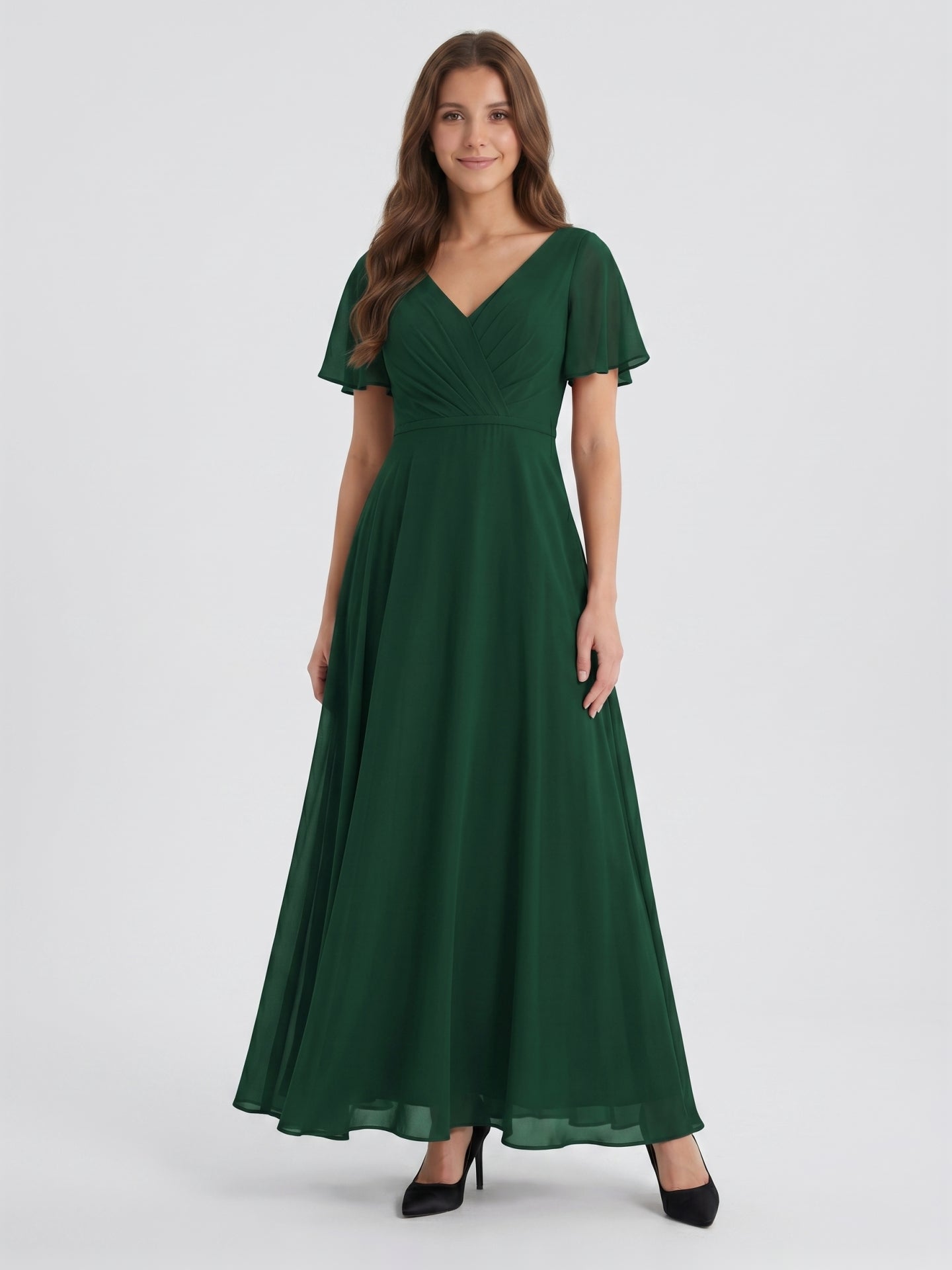 Forest Green Chiffon A-Line V-Neck V-Back Floor-Length Bridesmaid Dress