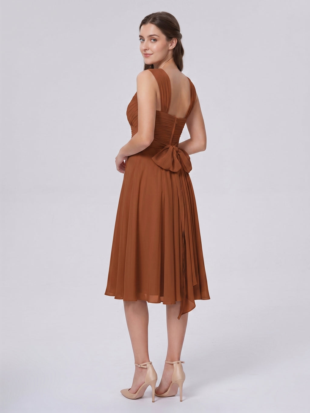 Terracotta Chiffon A-Line V-Neck Backless Knee-Length Bridesmaid Dress with Bow