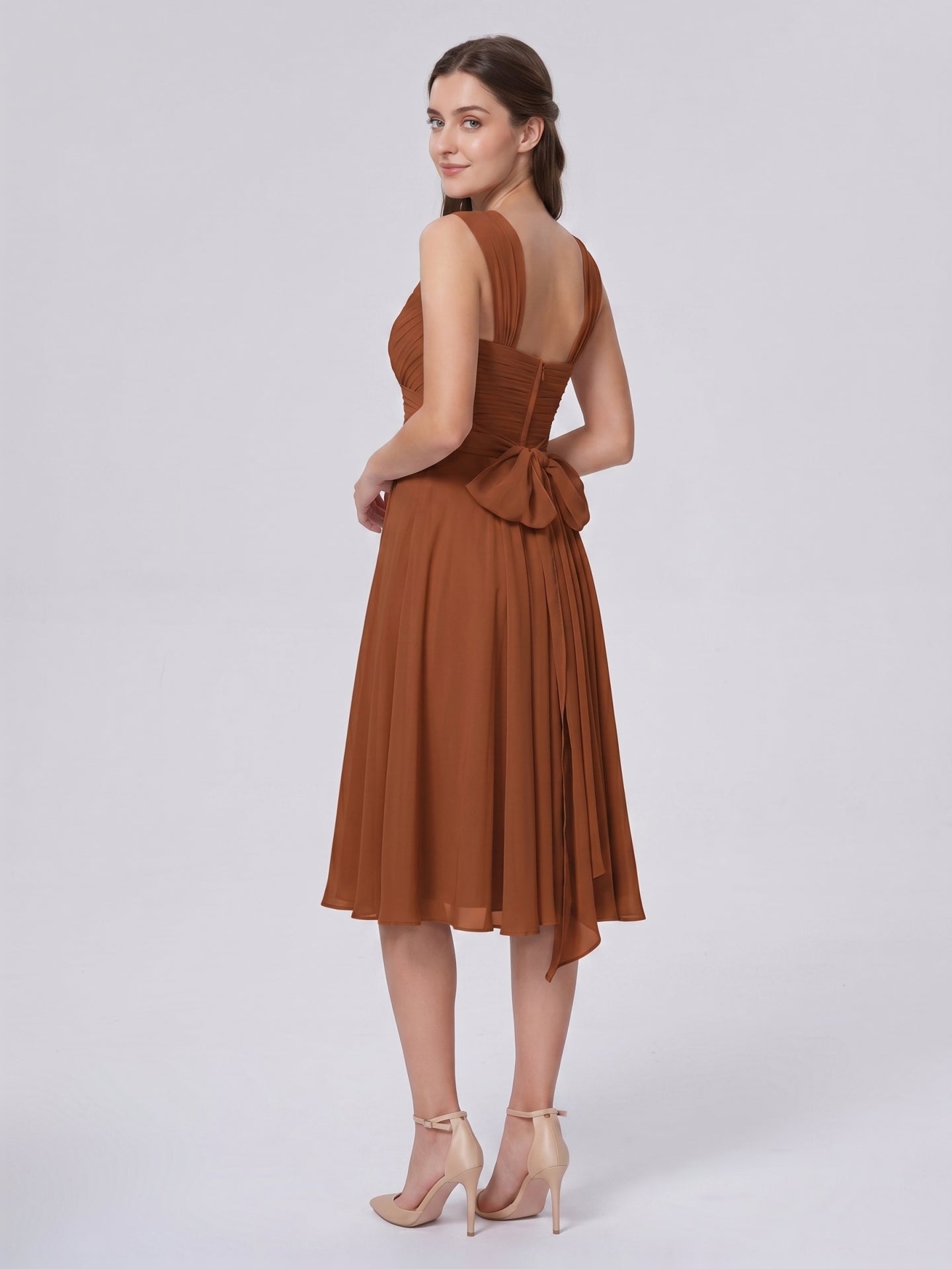 Terracotta Chiffon A-Line V-Neck Backless Knee-Length Bridesmaid Dress with Bow