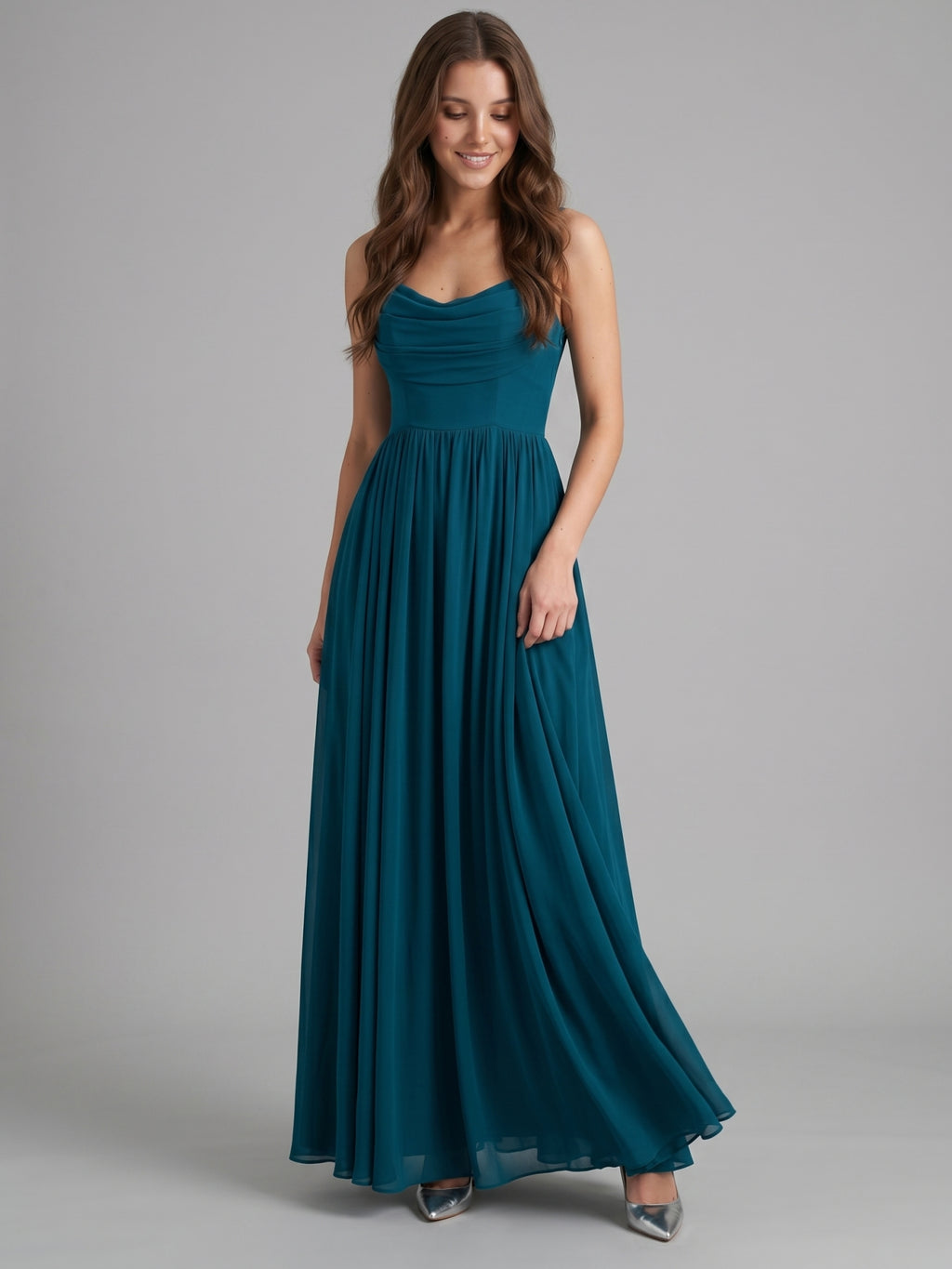 Teal Chiffon A-Line Cowl Neck Backless Floor-Length Pleated Bridesmaid Dress