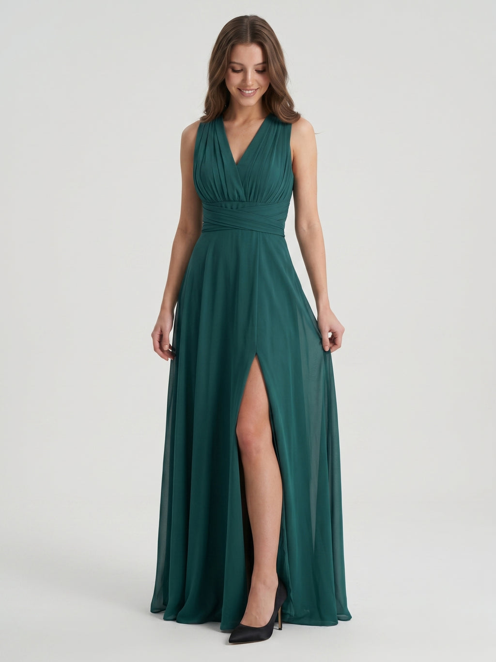 Peacock Chiffon A-Line V-Neck Back Zip Floor-Length Pleated Bridesmaid Dress