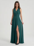 Peacock Chiffon A-Line V-Neck Back Zip Floor-Length Pleated Bridesmaid Dress