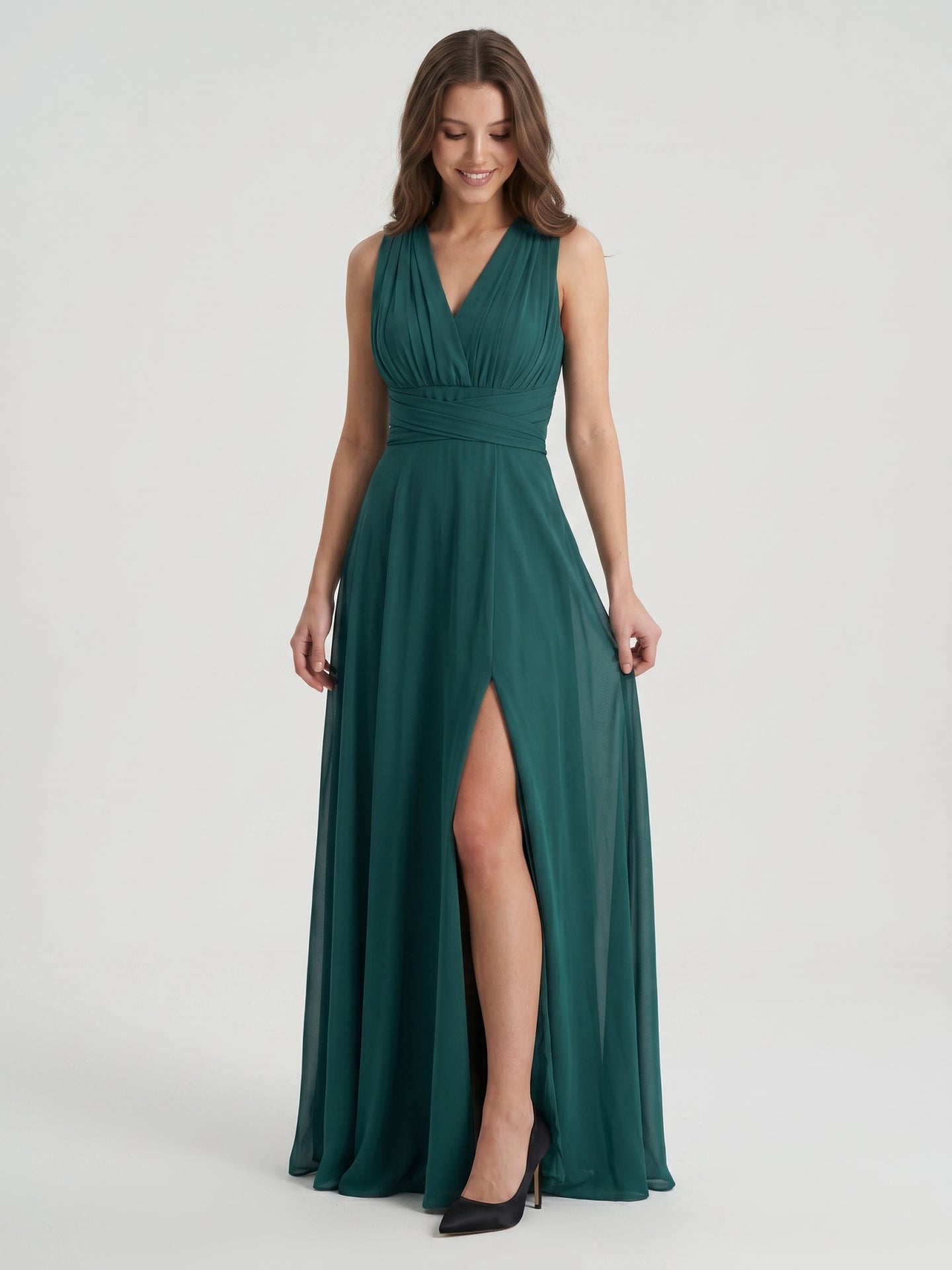 Peacock Chiffon A-Line V-Neck Back Zip Floor-Length Pleated Bridesmaid Dress