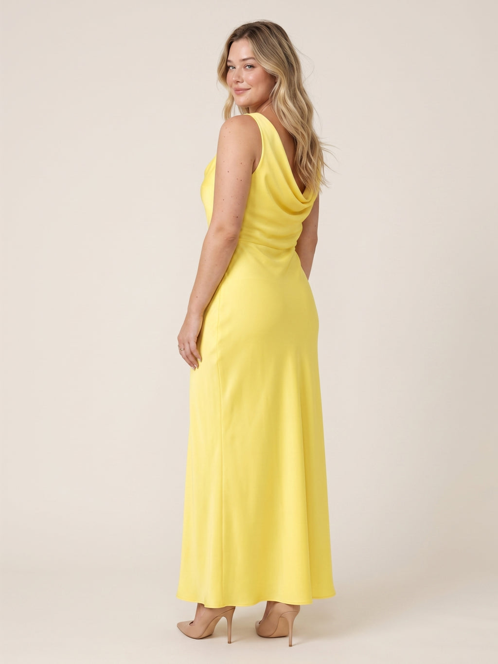 Romantic Lemon Matte Satin A-Line Cowl Neck Backless Ankle-Length  Bridesmaid Dress