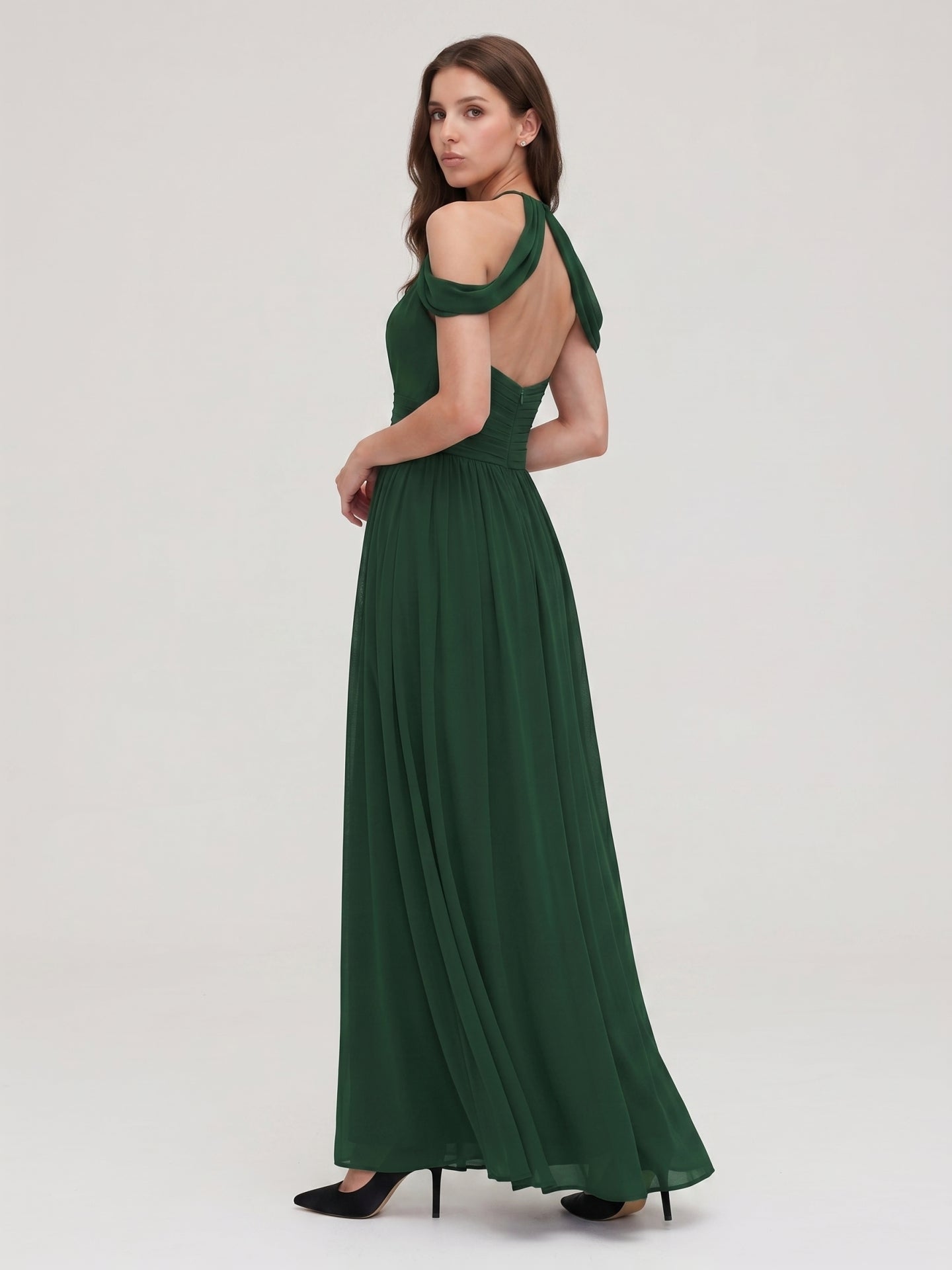 Forest Green Chiffon A-Line Scoop Neck Backless Floor-Length Pleated Bridesmaid Dress