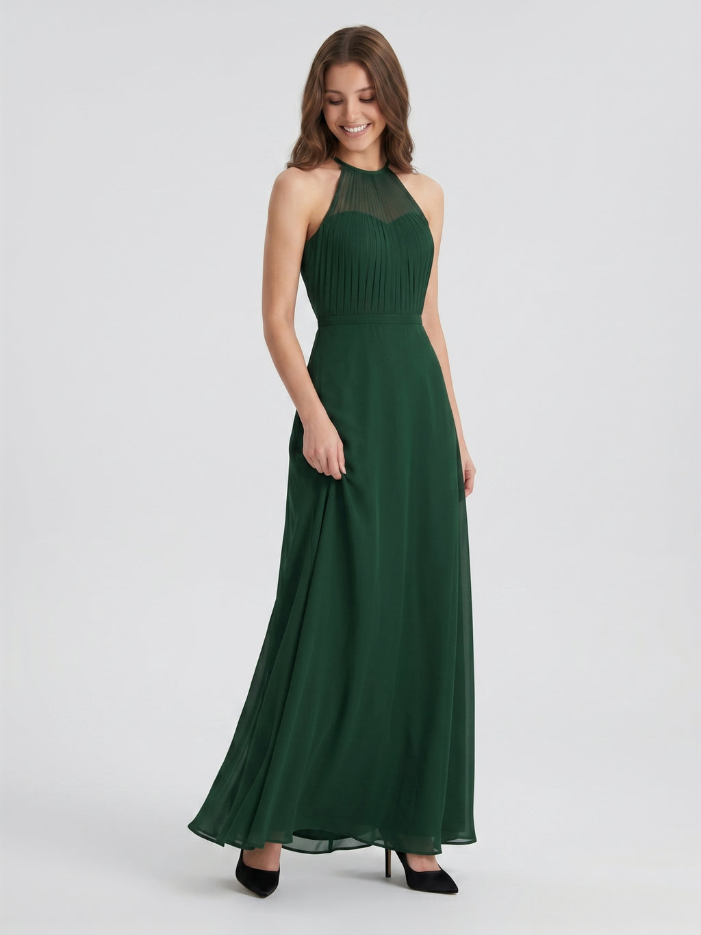 Forest Green Chiffon A-Line Halter Back Zip Floor-Length  Bridesmaid Dress