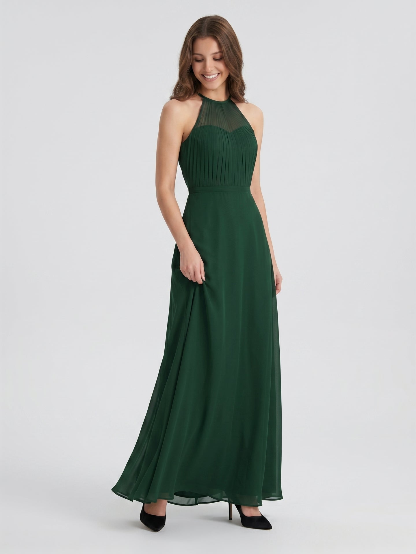 Forest Green Chiffon A-Line Halter Back Zip Floor-Length  Bridesmaid Dress