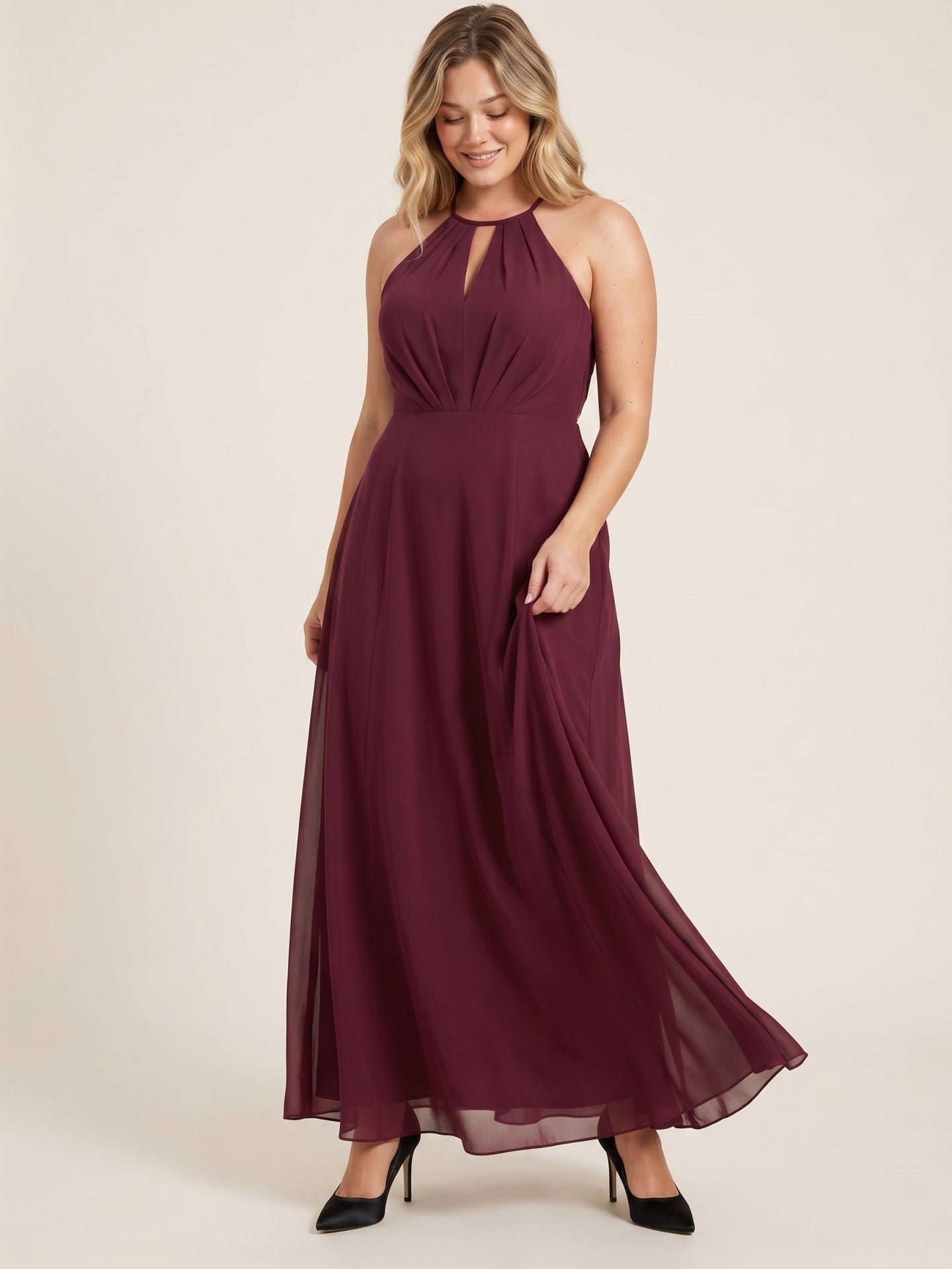 Sweet & Flowy Cabernet Chiffon A-Line Halter neckline Ankle-Length Plus Size Bridesmaid Dress