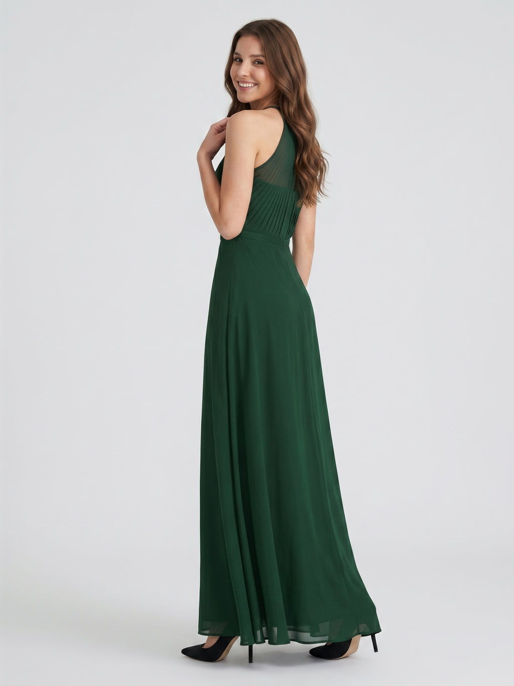 Forest Green Chiffon A-Line Halter Back Zip Floor-Length  Bridesmaid Dress