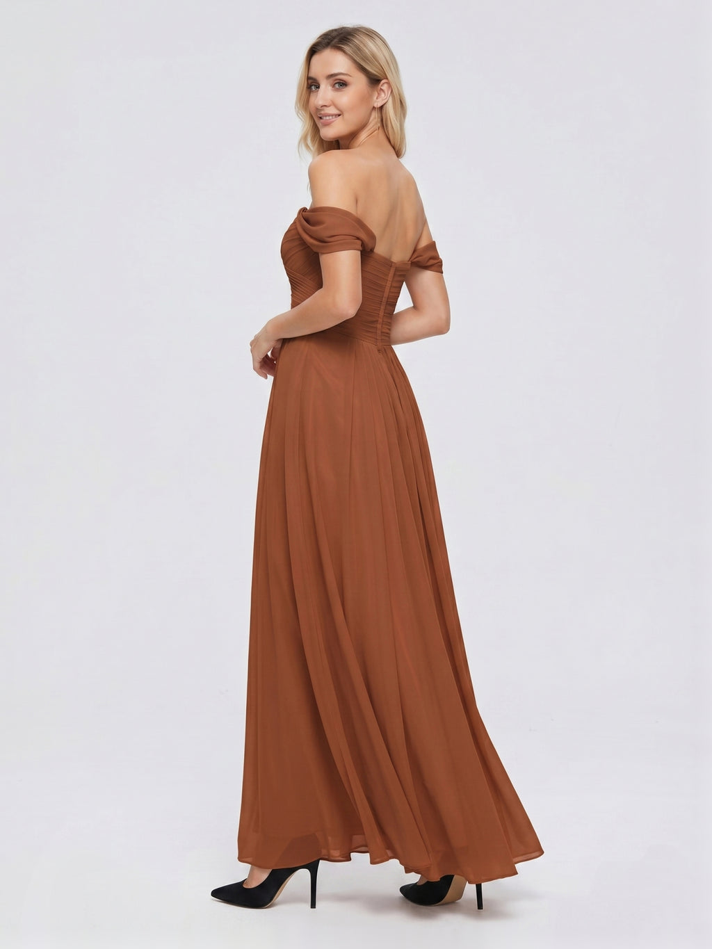 Terracotta Chiffon A-Line Off-the-Shoulder Backless Floor-Length Pleated Dress