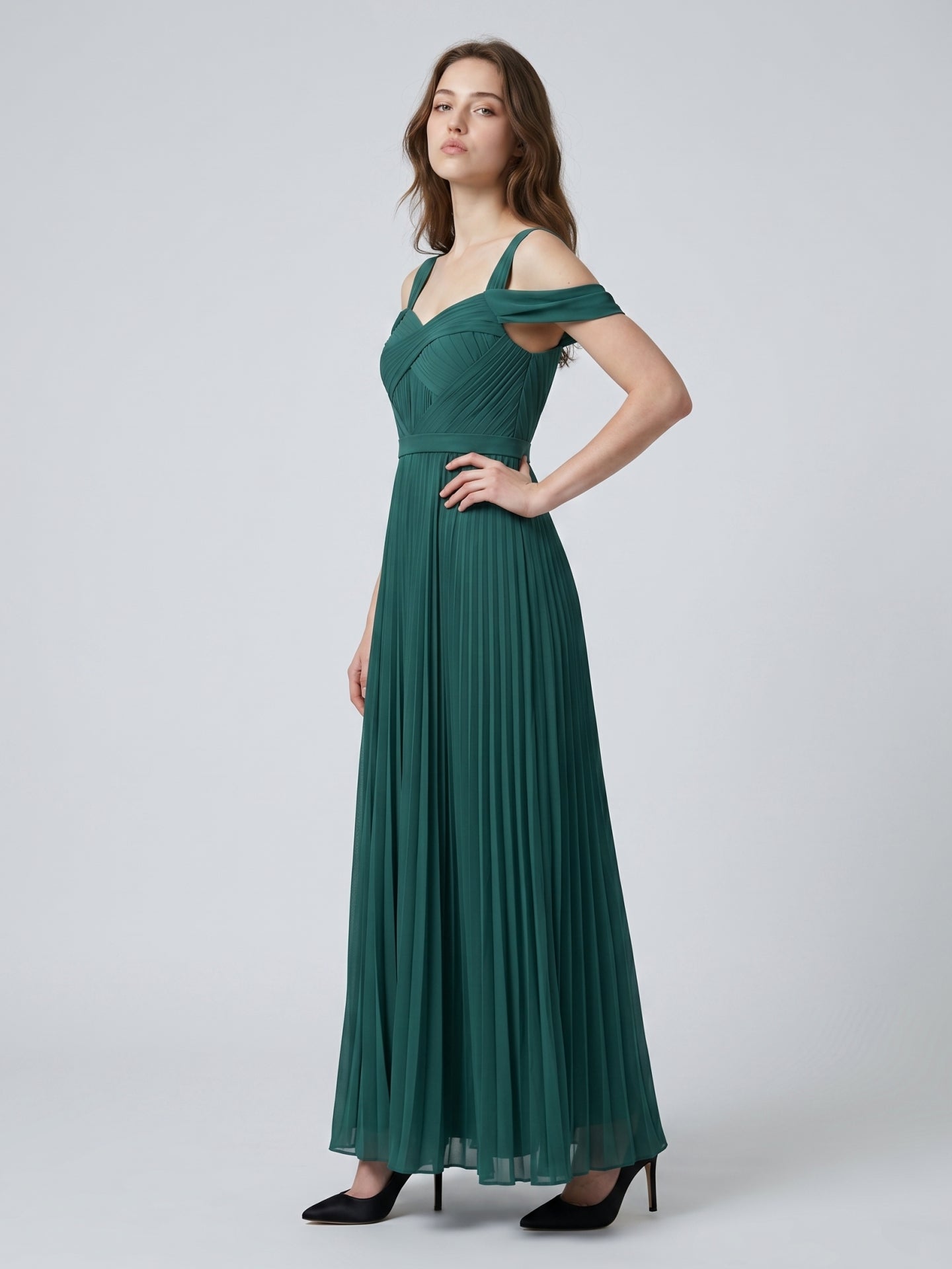 Peacock Chiffon A-Line Off-the-Shoulder Backless Floor-Length Pleated Dress