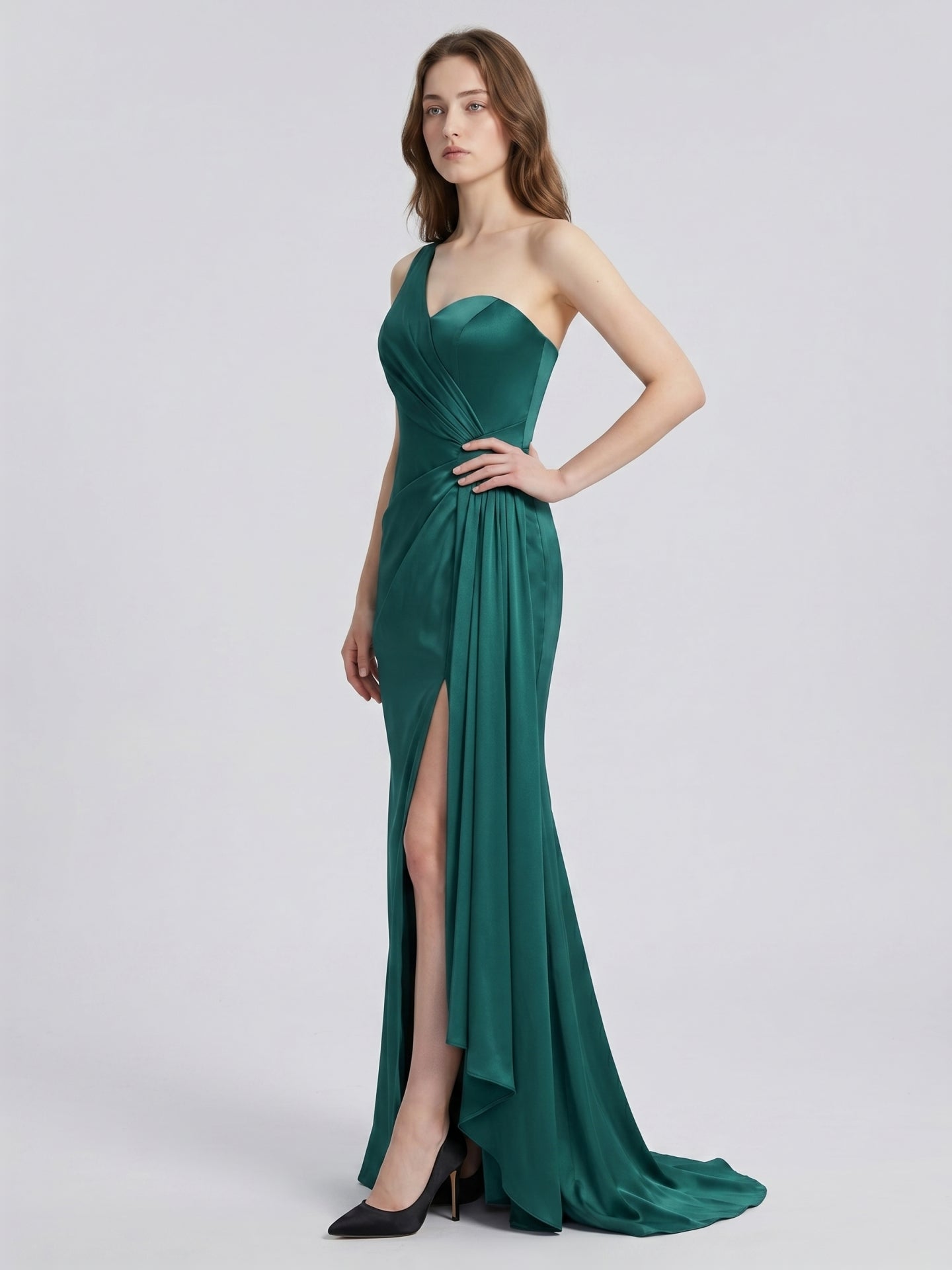Peacock Satin Sheath One Shoulder Backless Floor-Length Pleated Bridesmaid Dress