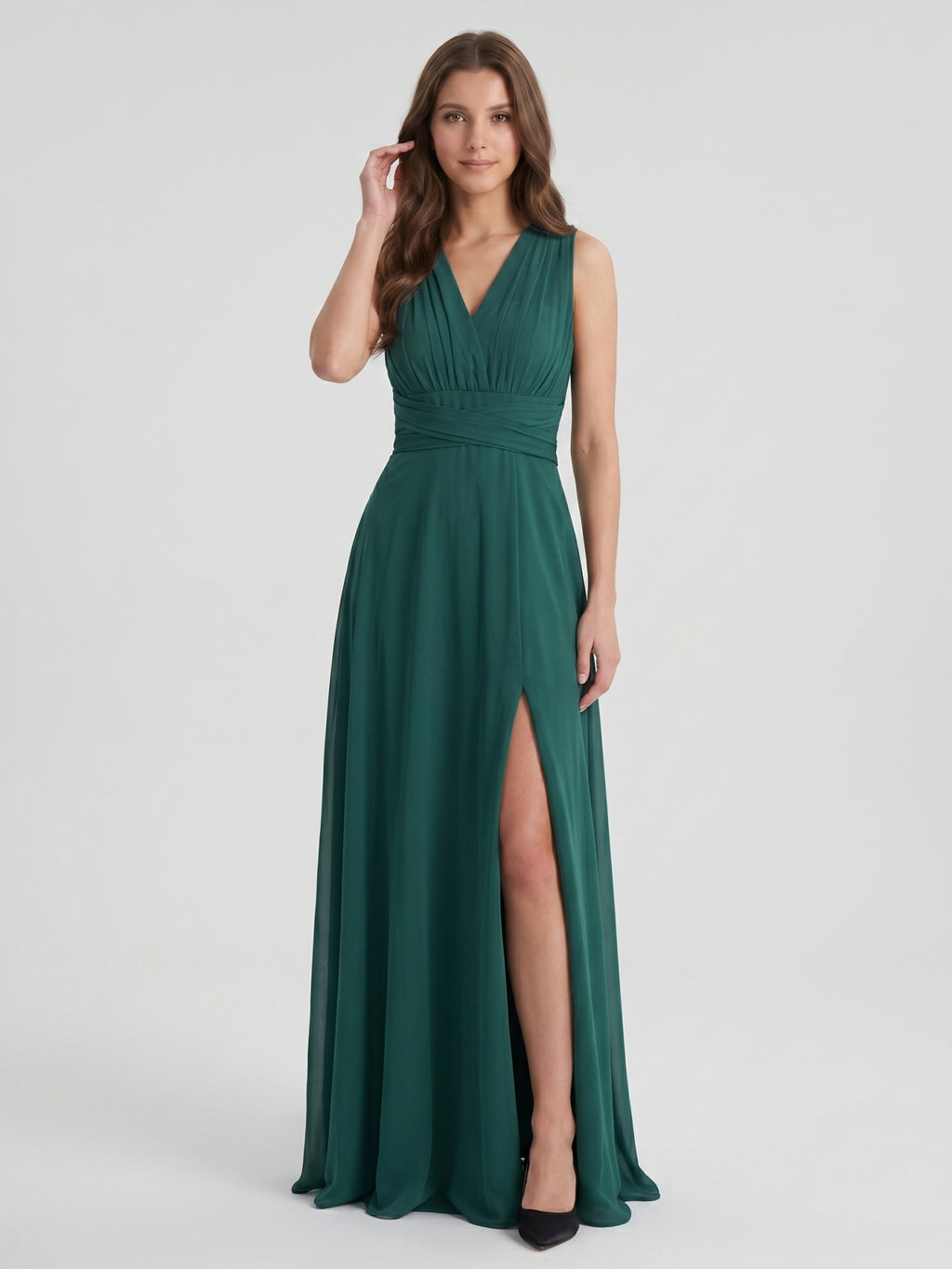 Peacock Chiffon A-Line V-Neck Back Zip Floor-Length Pleated Bridesmaid Dress