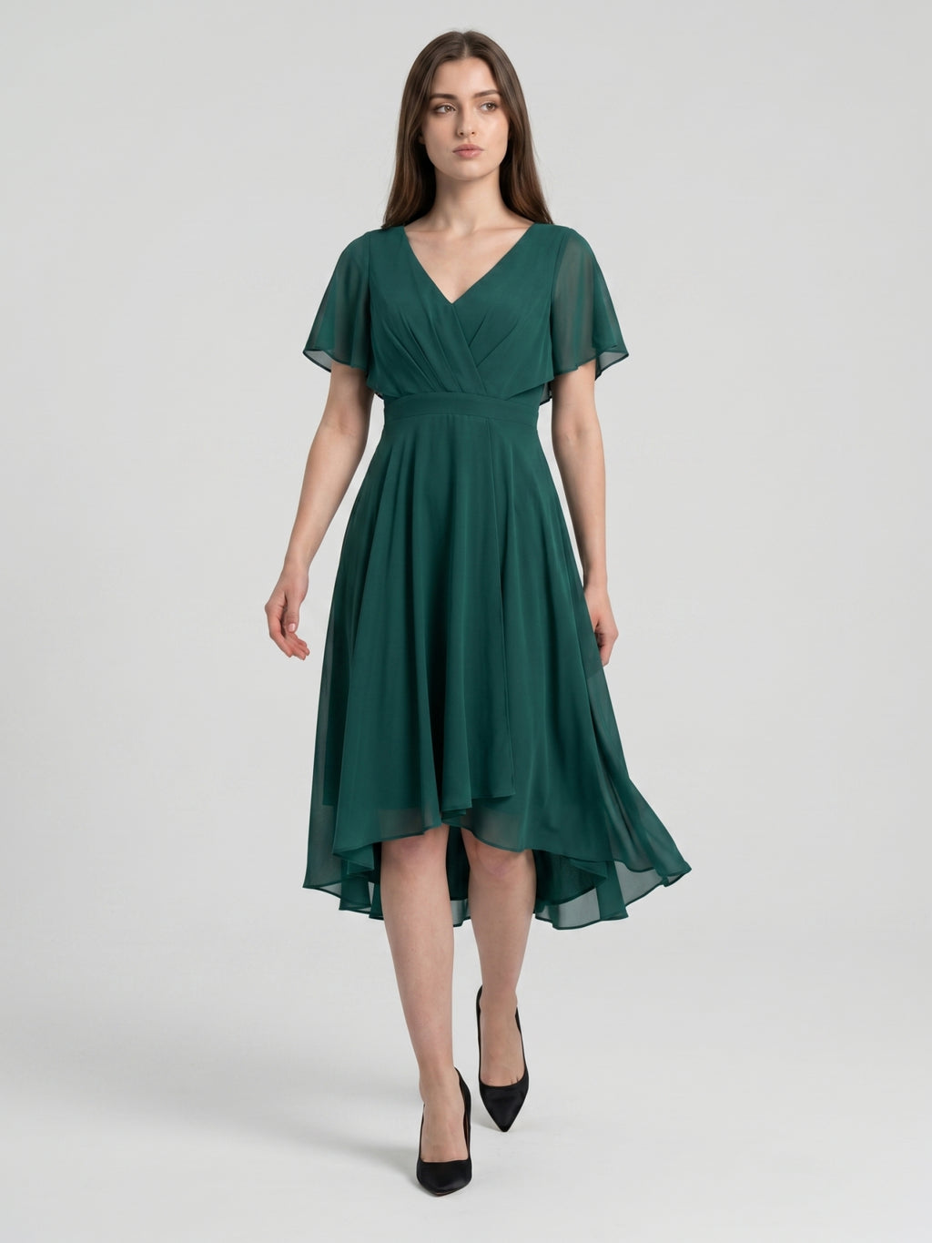 Peacock Chiffon A-Line V-Neck Back Zip Asymmetrical Pleated Bridesmaid Dress