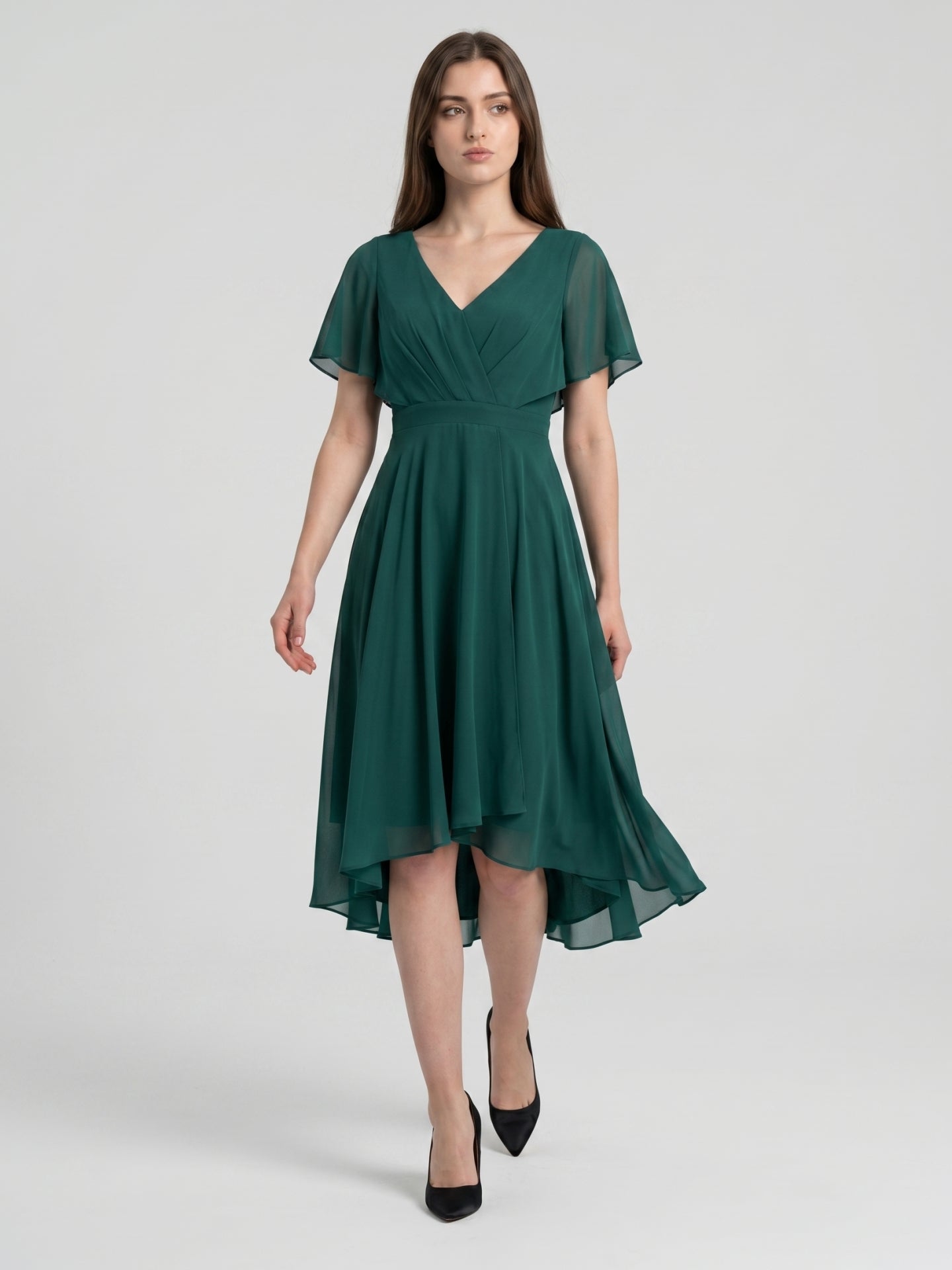 Peacock Chiffon A-Line V-Neck Back Zip Asymmetrical Pleated Bridesmaid Dress