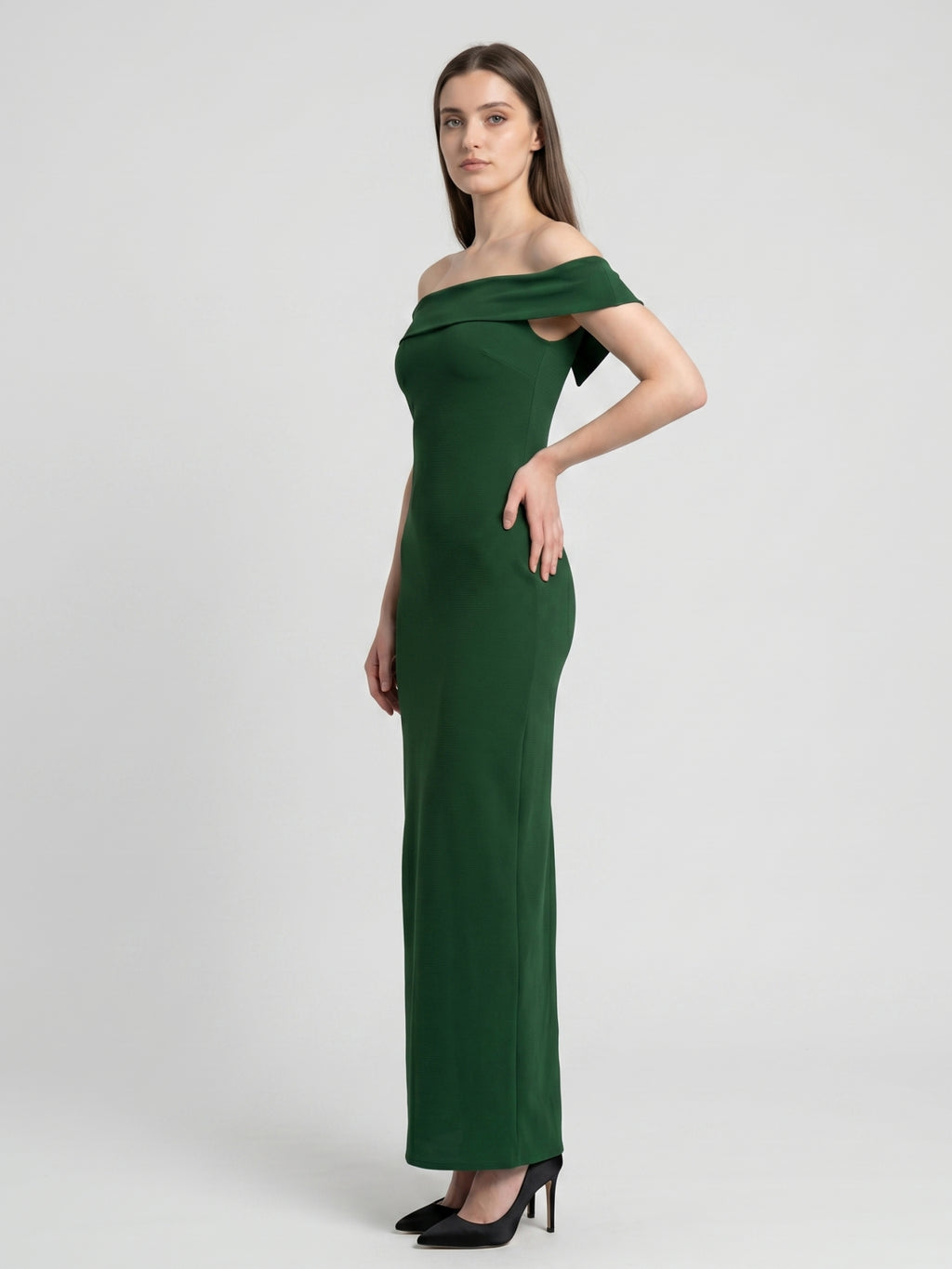 Emerald Stretch Knit Mermaid Off-the-Shoulder Backless Floor-Length Bridesmaid Dress