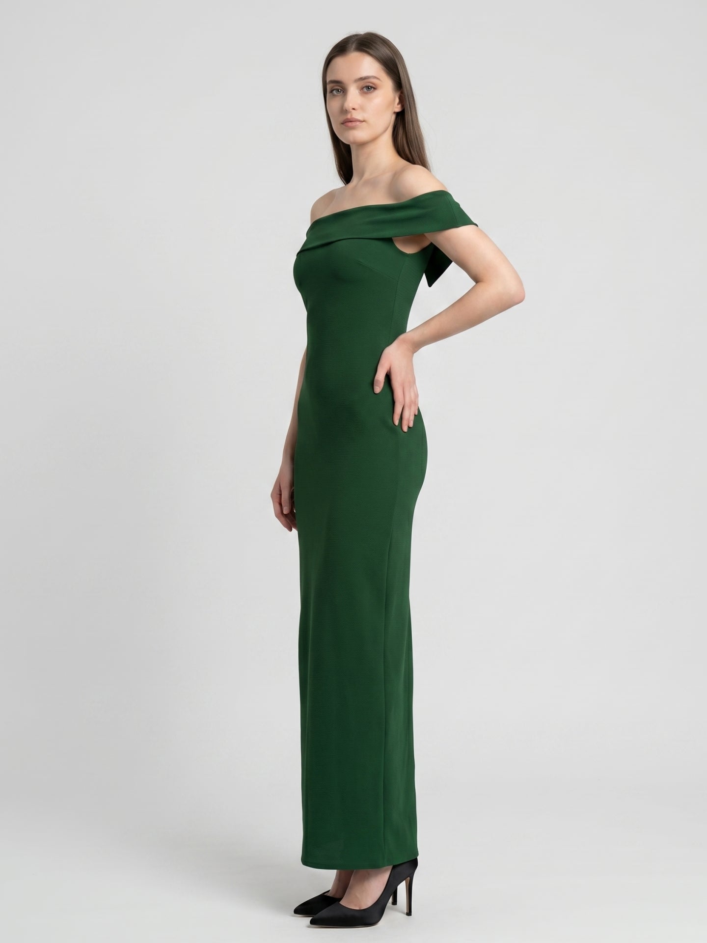 Emerald Stretch Knit Mermaid Off-the-Shoulder Backless Floor-Length Bridesmaid Dress