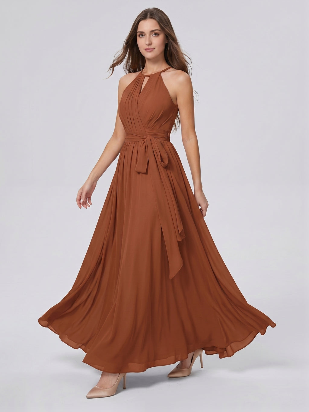 Terracotta Chiffon A-Line Halter Bow Back Floor-Length Bridesmaid Dress with Bow