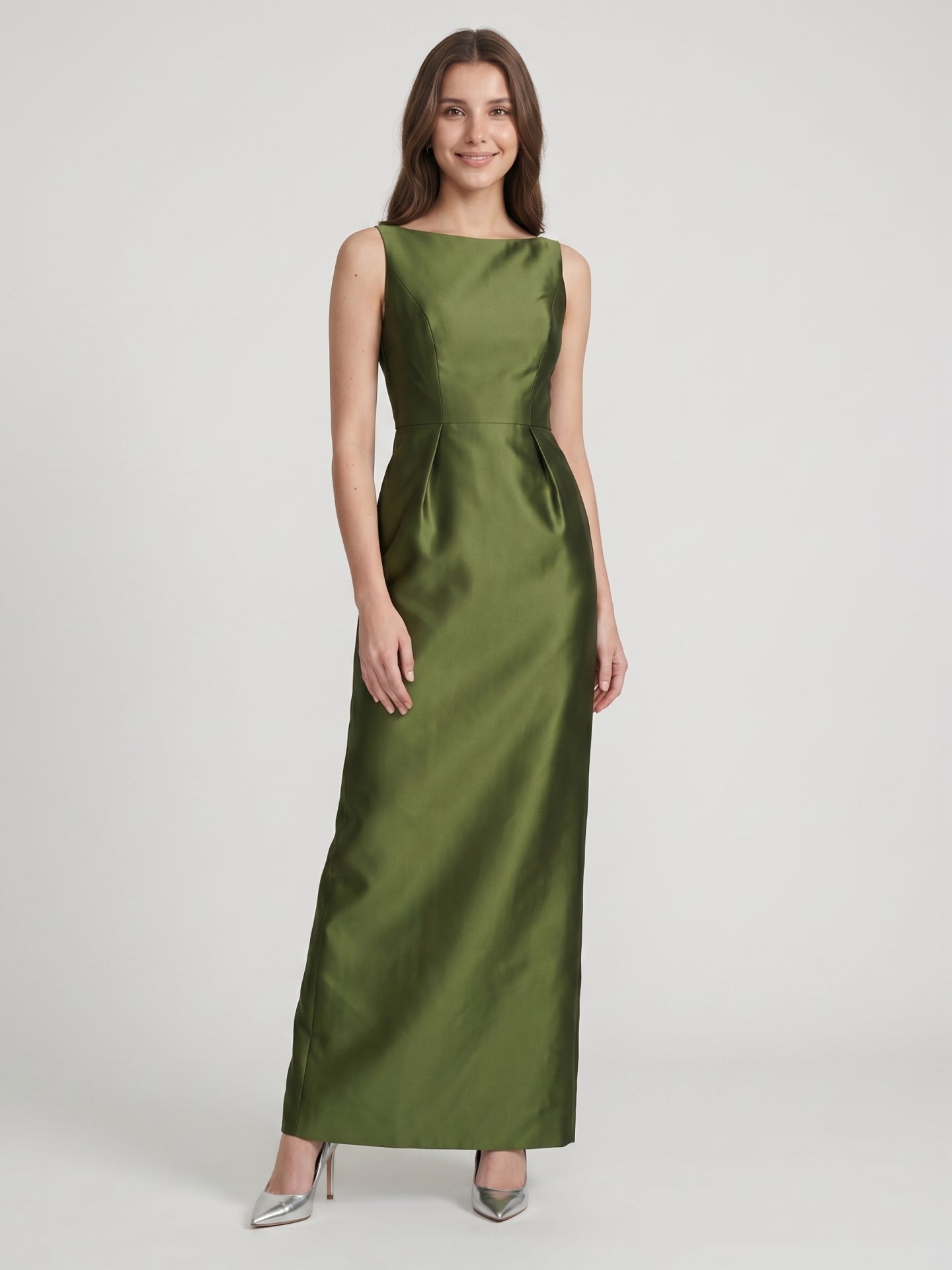 Olive Green Satin Column Straight Neck V-Back Floor-Length Bridesmaid Dress with Pockets