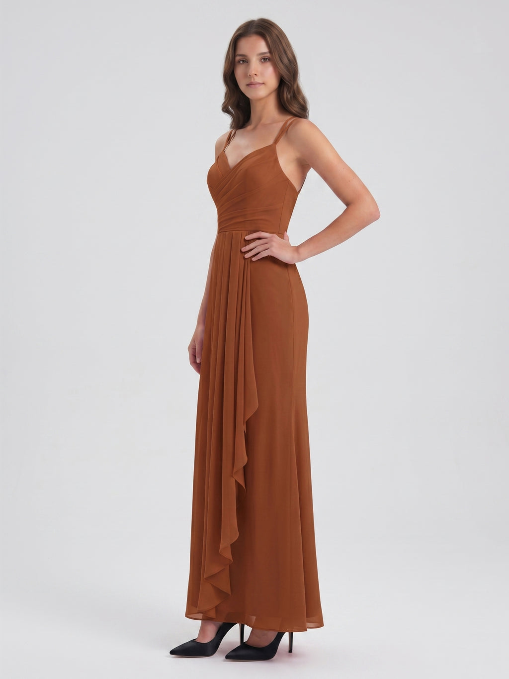 Terracotta Chiffon Sheath Sweetheart Criss-Cross Back Floor-Length Pleated Dress