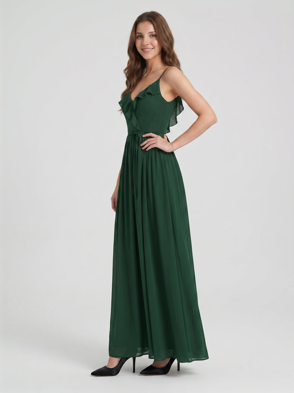 Forest Green Chiffon A-Line V-Neck V-Back Floor-Length Ruffle Bridesmaid Dress