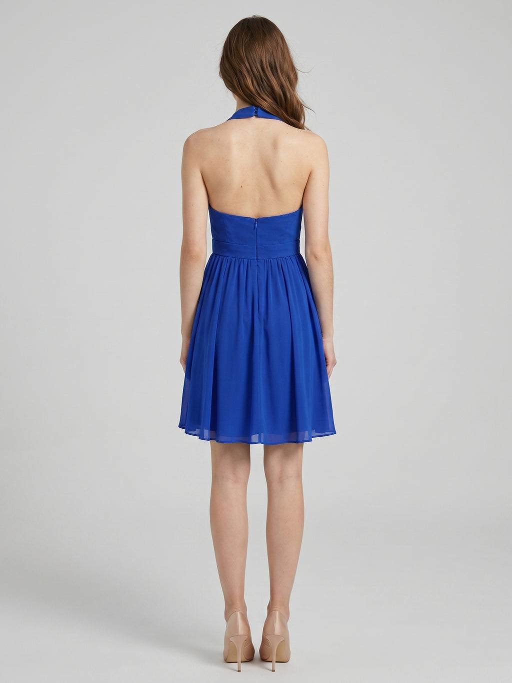 Elegant Royal Blue Chiffon A-Line Halter neckline Backless Knee-Length Bridesmaid Dress