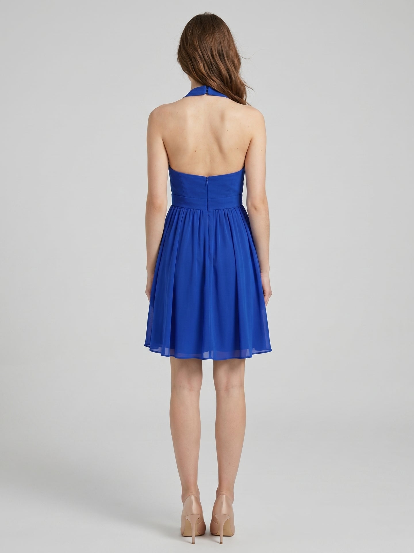 Elegant Royal Blue Chiffon A-Line Halter neckline Backless Knee-Length Bridesmaid Dress