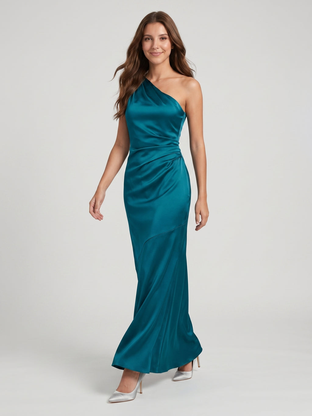Elegant Teal Satin column One Shoulder Backless Ankle-Length Bridesmaid Dress