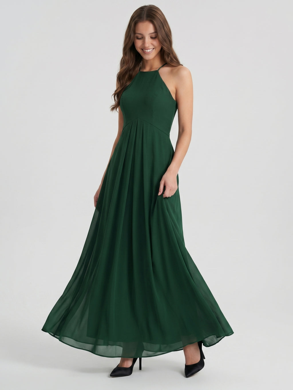 Forest Green Chiffon A-Line Halter Back Zip Floor-Length Ruffle Bridesmaid Dress