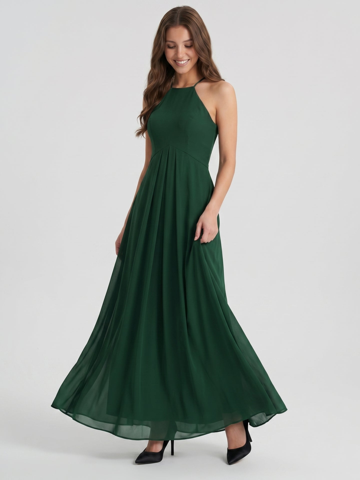 Forest Green Chiffon A-Line Halter Back Zip Floor-Length Ruffle Bridesmaid Dress