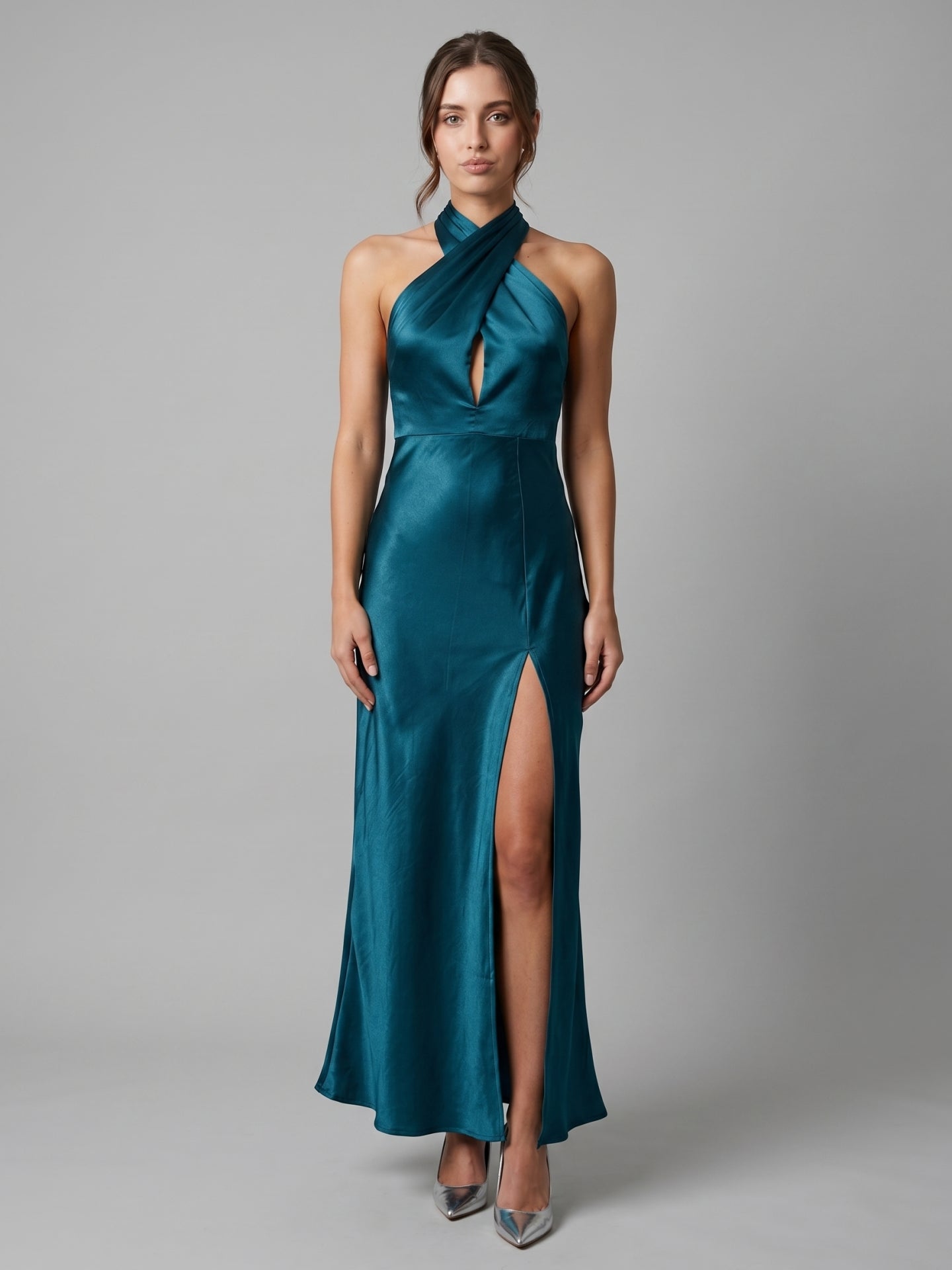 Teal Satin Sheath Halter Lace-Up Back Ankle-Length Bridesmaid Dress