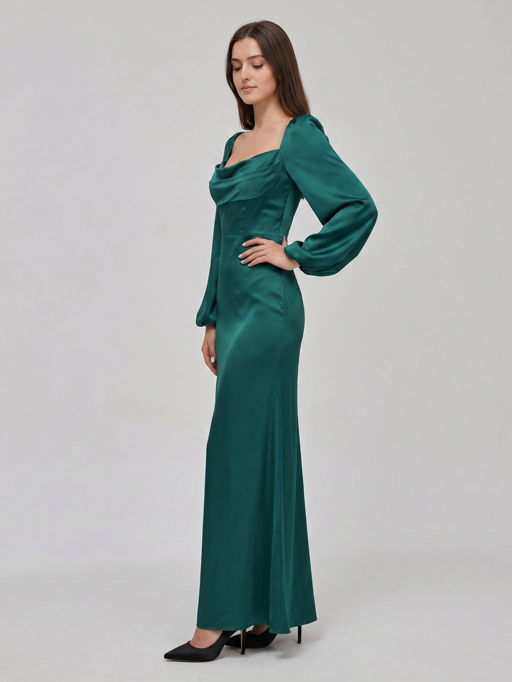 Peacock Satin Sheath Cowl Neck Back Zip Floor-Length Bridesmaid Dress