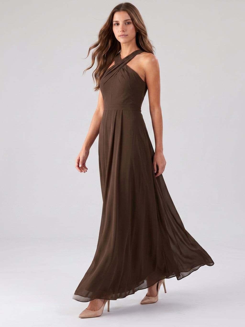 Mocha Chiffon A-Line Halter Backless Floor-Length Bridesmaid Dress with Pockets