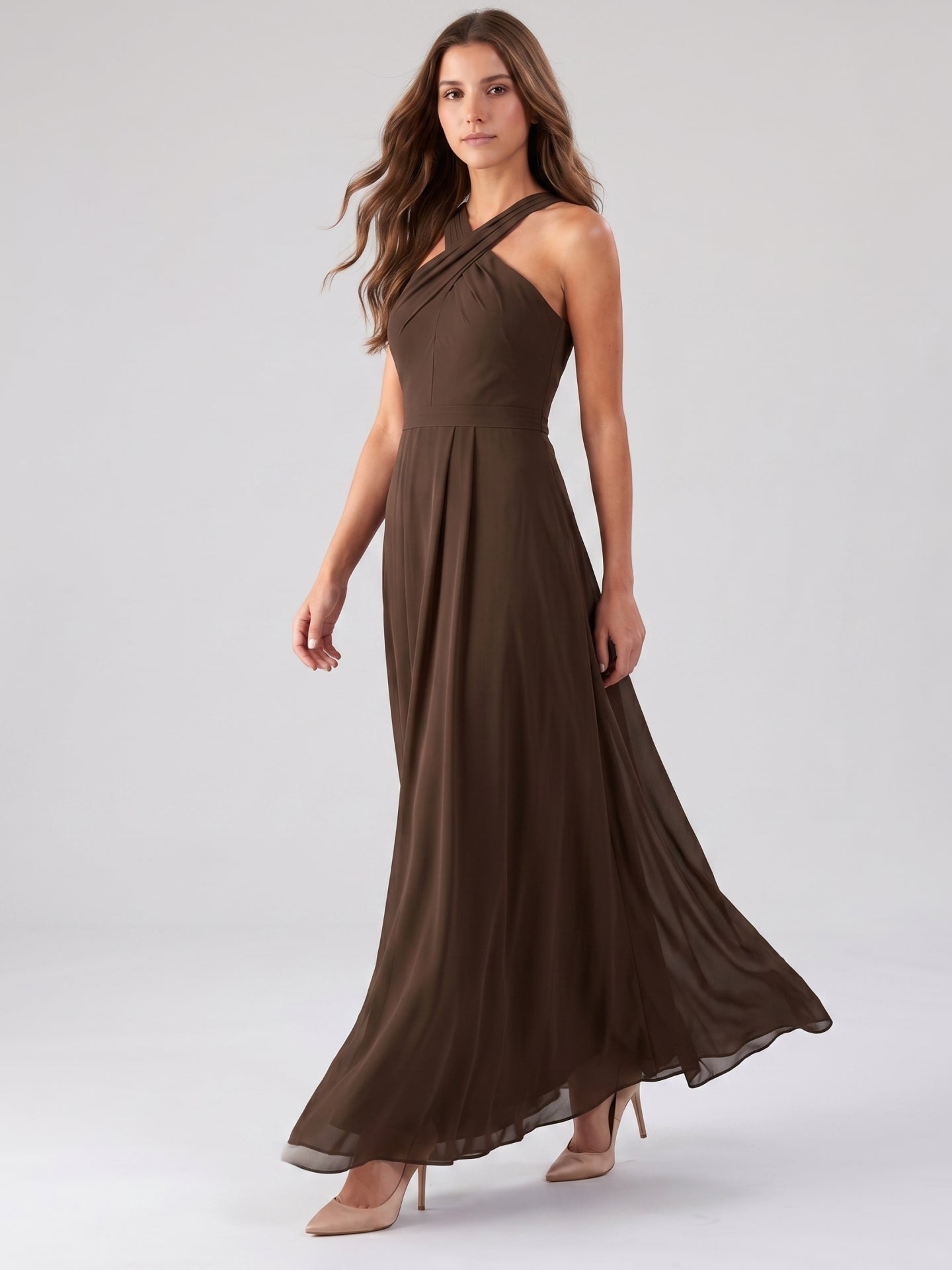 Mocha Chiffon A-Line Halter Backless Floor-Length Bridesmaid Dress with Pockets