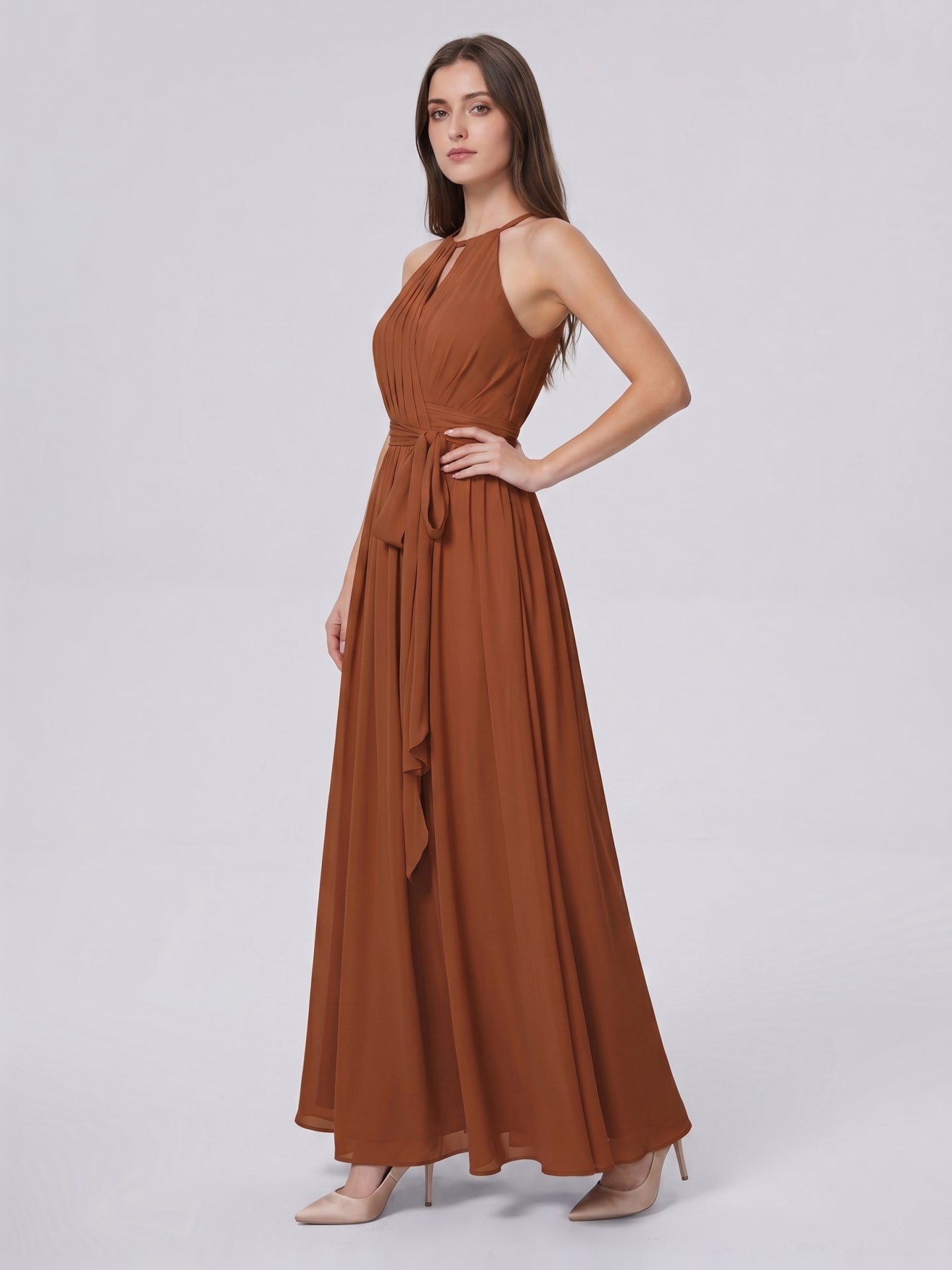 Terracotta Chiffon A-Line Halter Bow Back Floor-Length Bridesmaid Dress with Bow