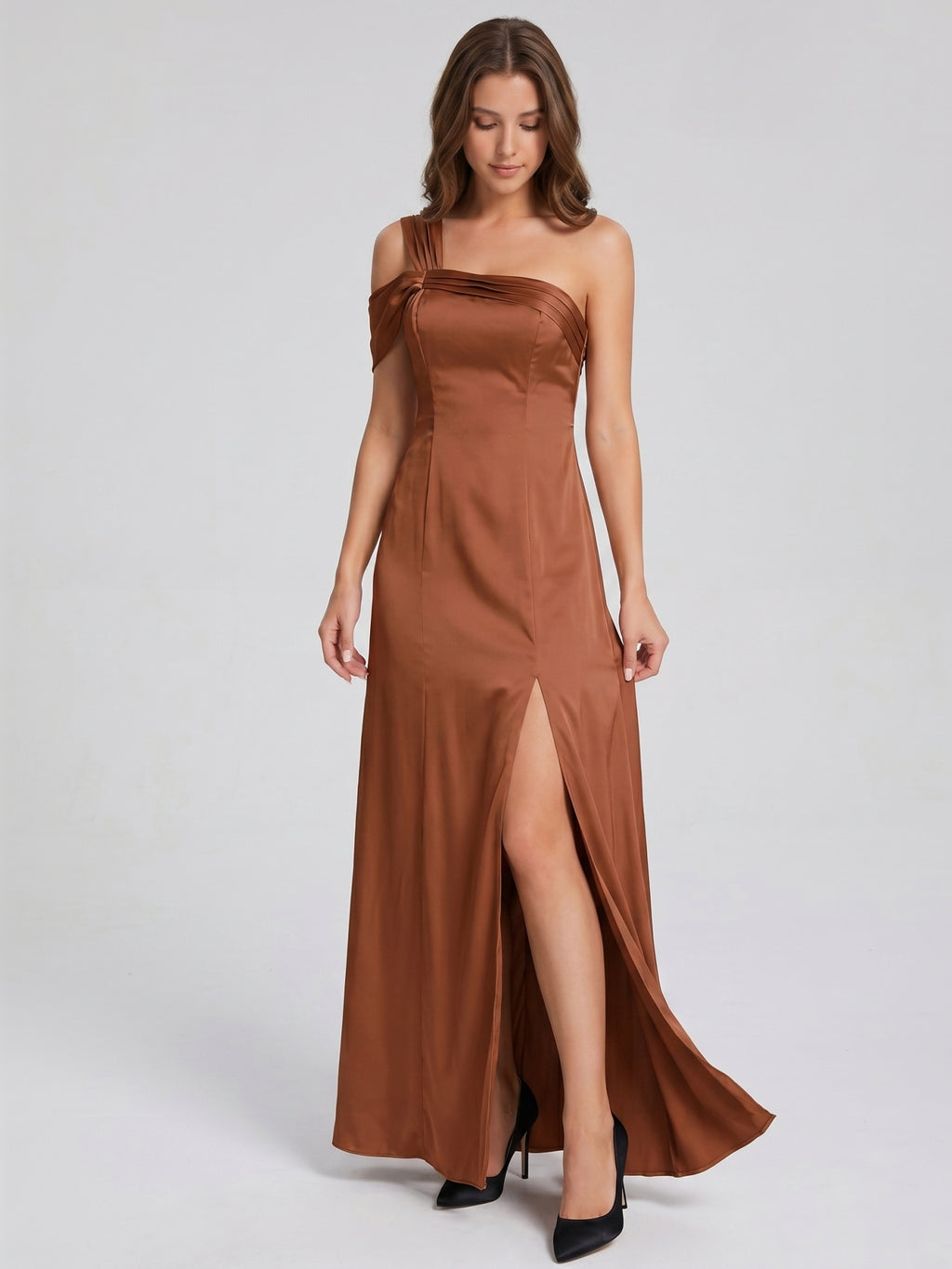 Terracotta Satin Column One Shoulder Backless Floor-Length Bridesmaid Dress