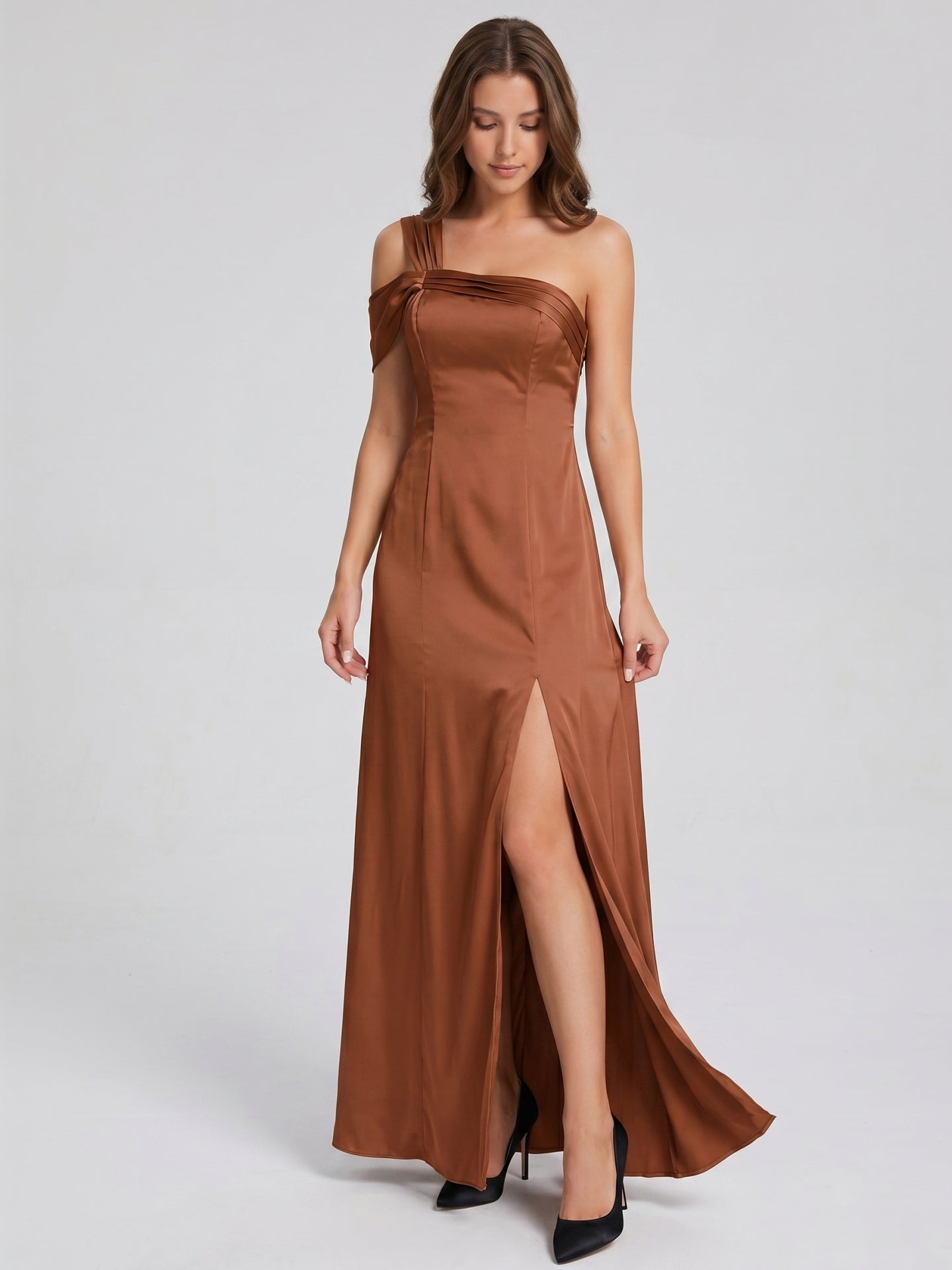 Terracotta Satin Column One Shoulder Backless Floor-Length Bridesmaid Dress