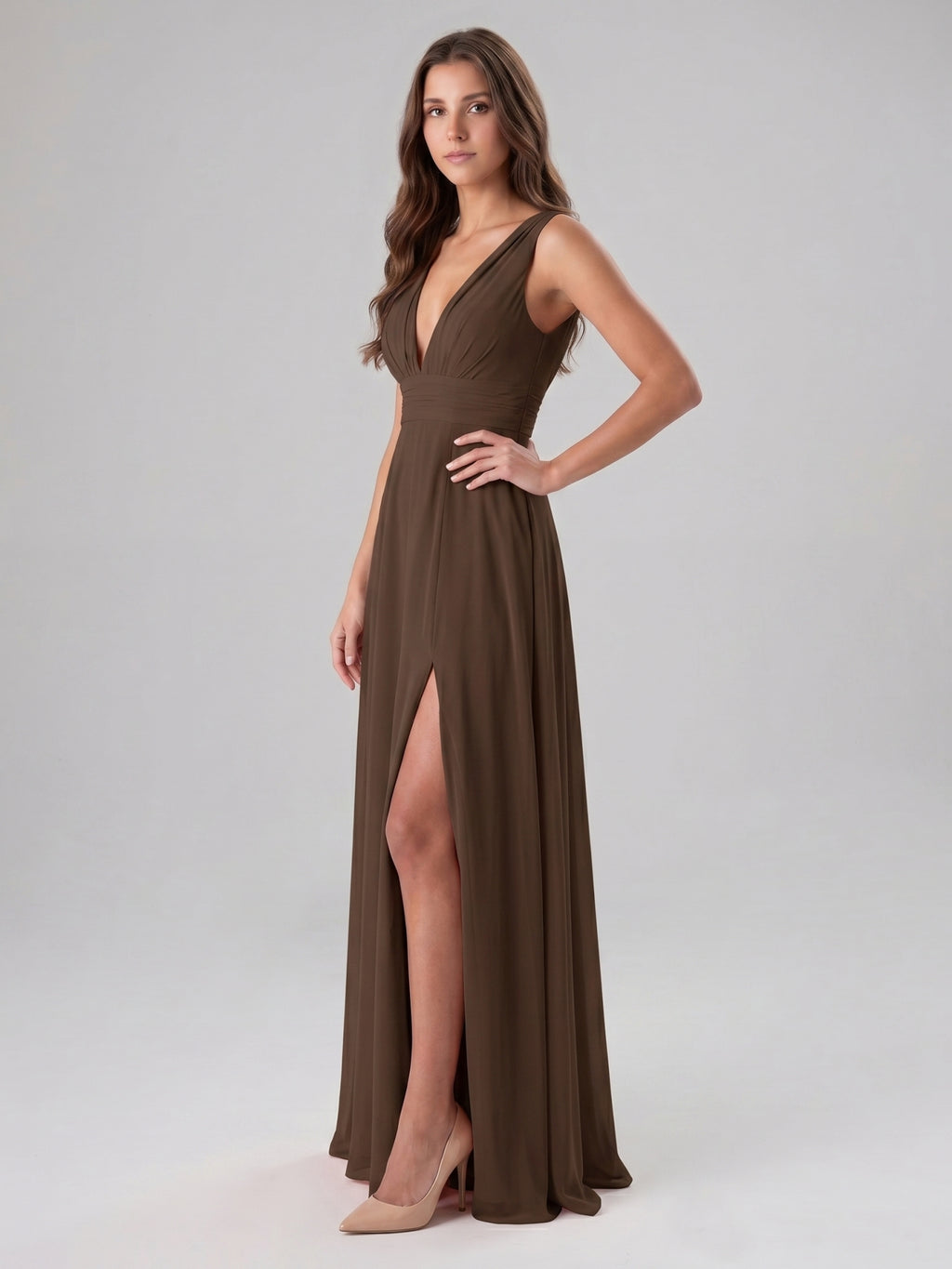 Mocha Chiffon A-Line V-Neck V-Back Floor-Length Pleated Bridesmaid Dress