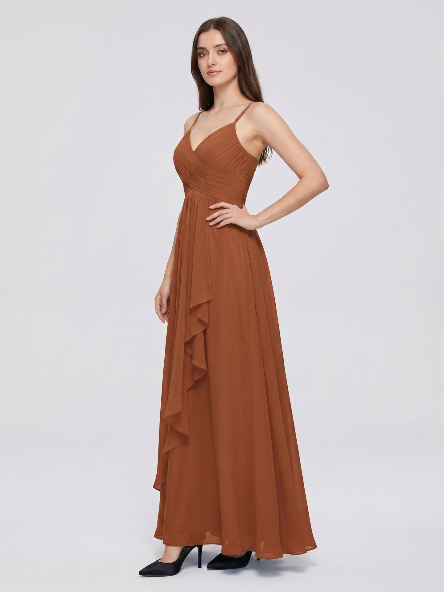 Terracotta Chiffon A-Line V-Neck Backless Floor-Length Pleated Bridesmaid Dress