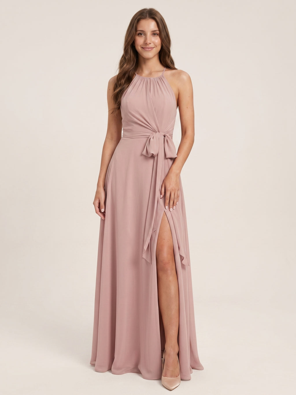 Coquette Dusty Rose Chiffon A-Line Halter neckline Back Zip Ankle-Length  Bridesmaid Dress