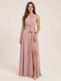 Coquette Dusty Rose Chiffon A-Line Halter neckline Back Zip Ankle-Length  Bridesmaid Dress