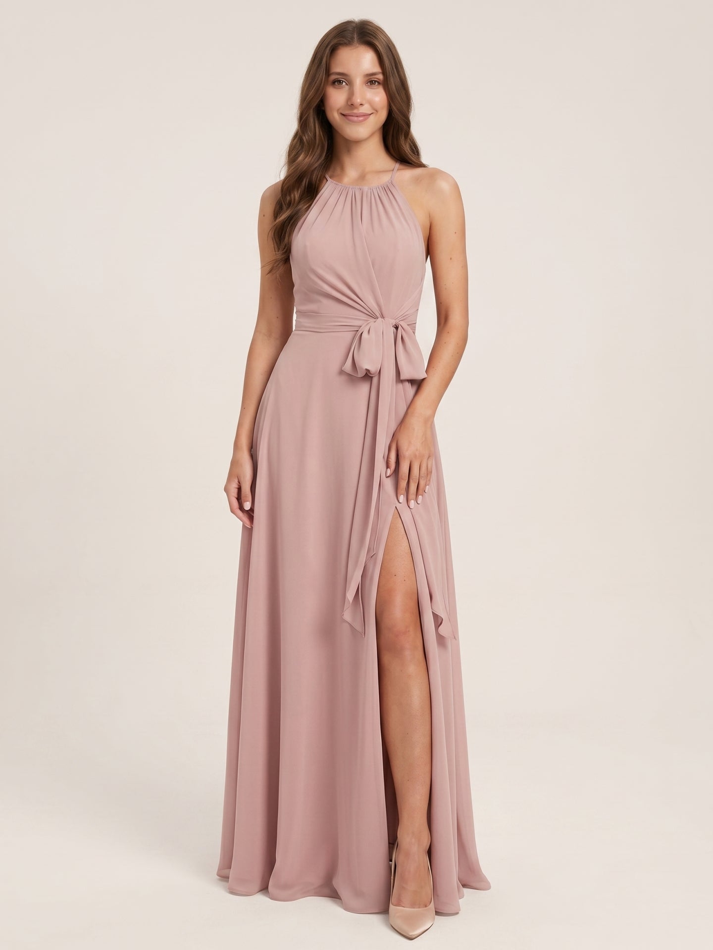 Coquette Dusty Rose Chiffon A-Line Halter neckline Back Zip Ankle-Length  Bridesmaid Dress