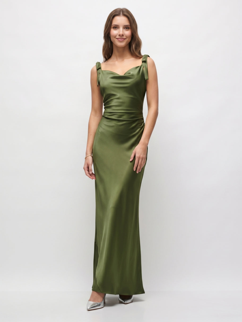 Olive Green Satin Mermaid Cowl Neck Backless Floor-Length Pleated Bridesmaid Dress