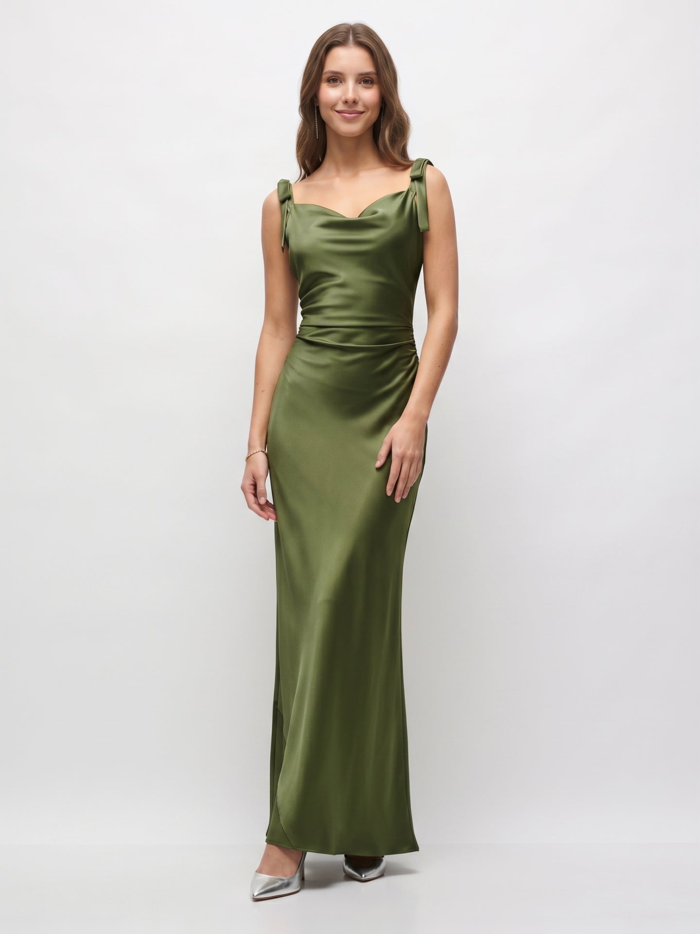 Olive Green Satin Mermaid Cowl Neck Backless Floor-Length Pleated Bridesmaid Dress