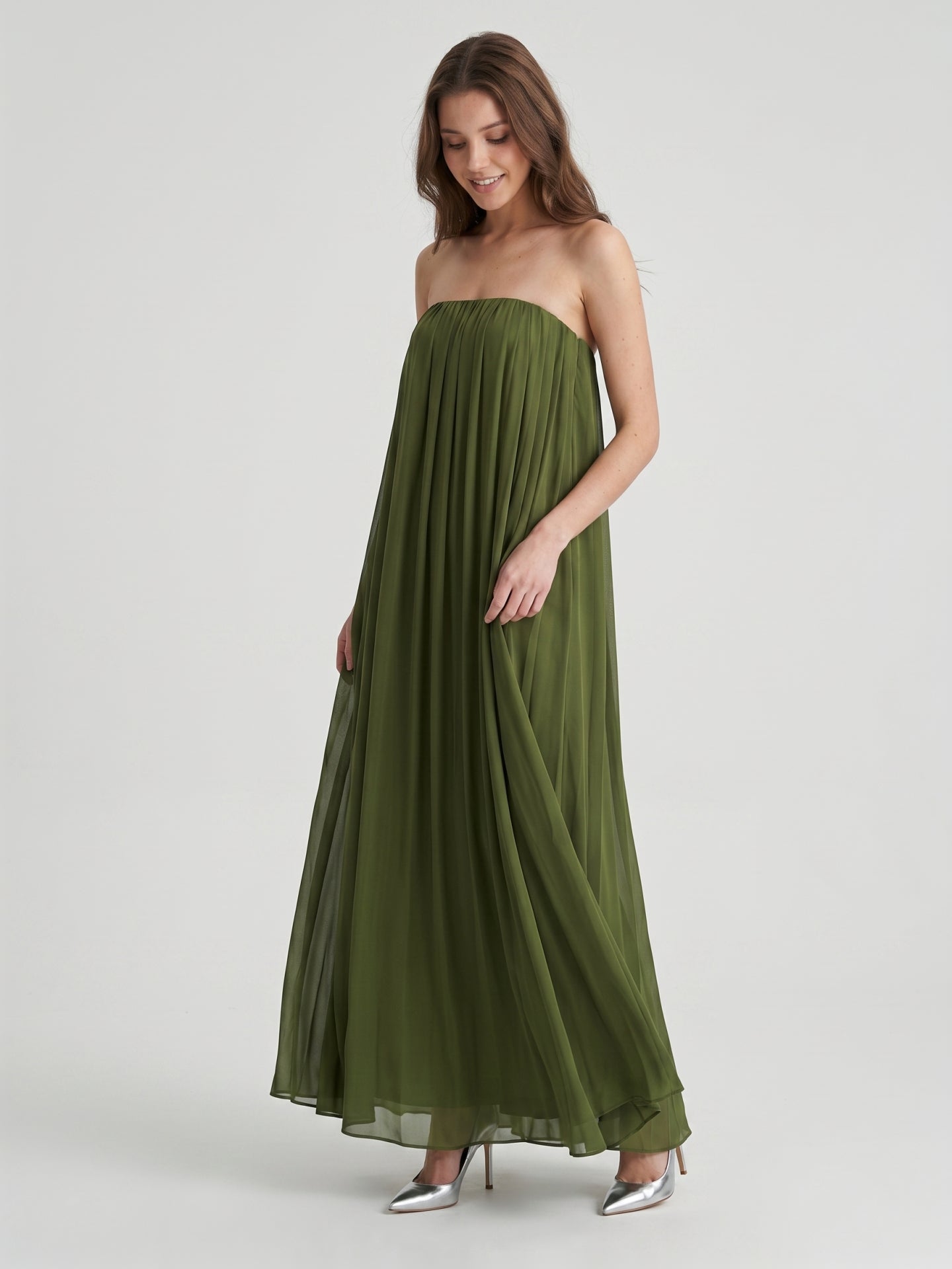 Olive Green Chiffon Sheath Off-the-Shoulder Backless Floor-Length Pleated Dress