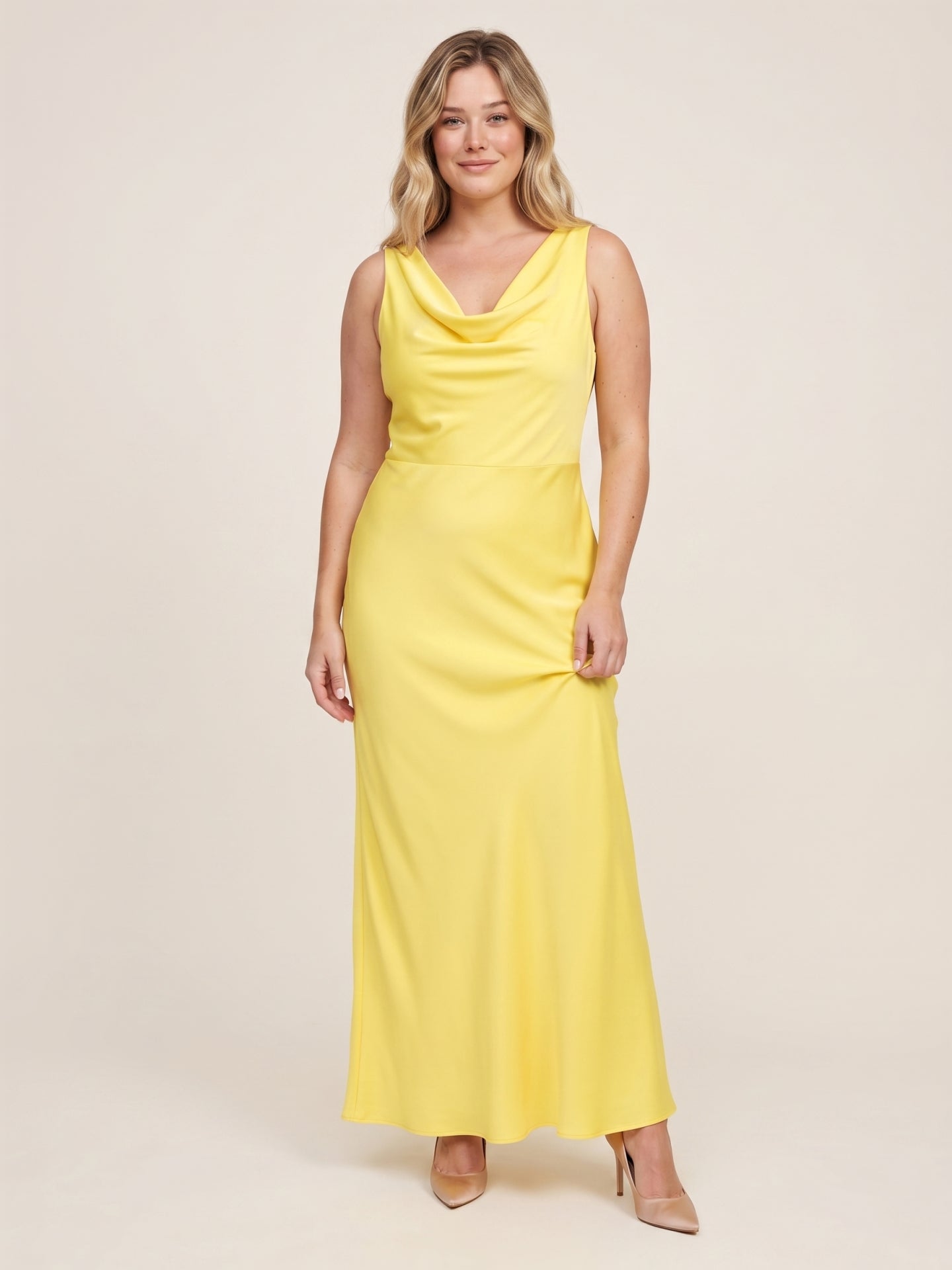 Romantic Lemon Matte Satin A-Line Cowl Neck Backless Ankle-Length  Bridesmaid Dress